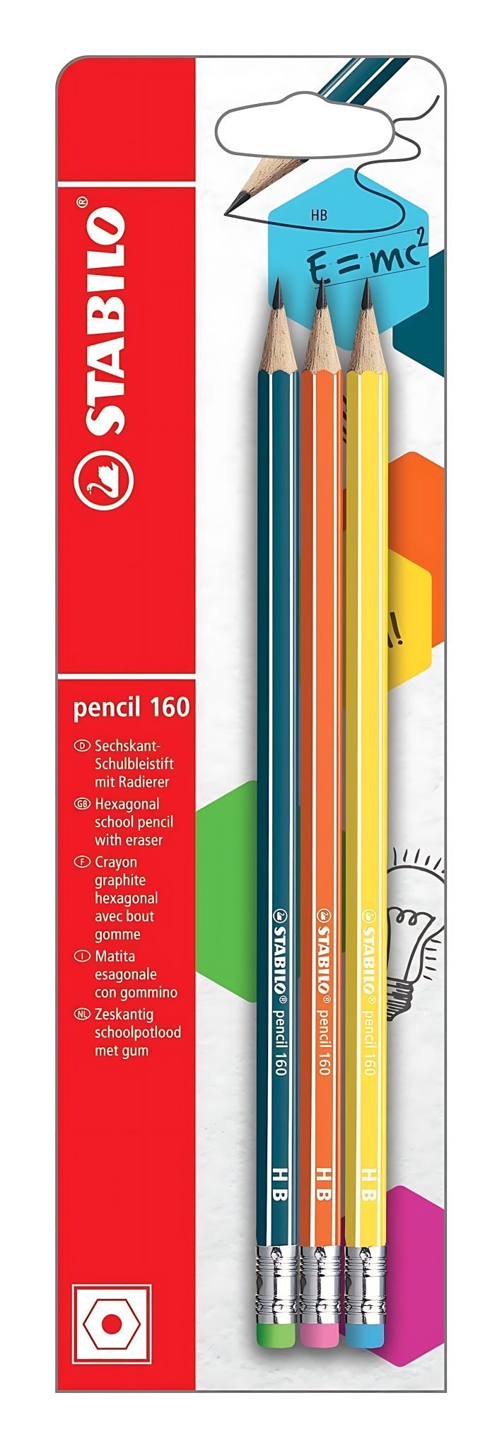 STABILO Bleistift STABILO pencil 160 mit Radierer HB petrol orange gelb 3er Blister