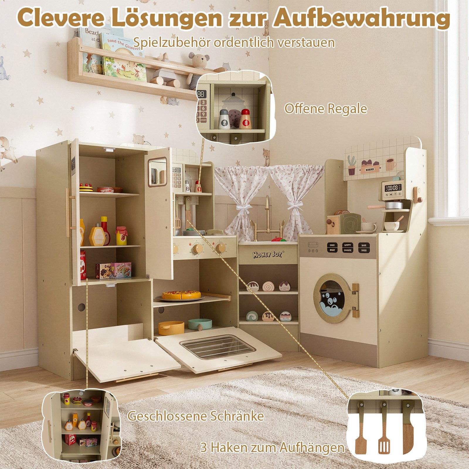 COSTWAY Spielküche Holz, Mit Wasserhahn, Geschirrspüler, Herd & 21 Zubehörteilen