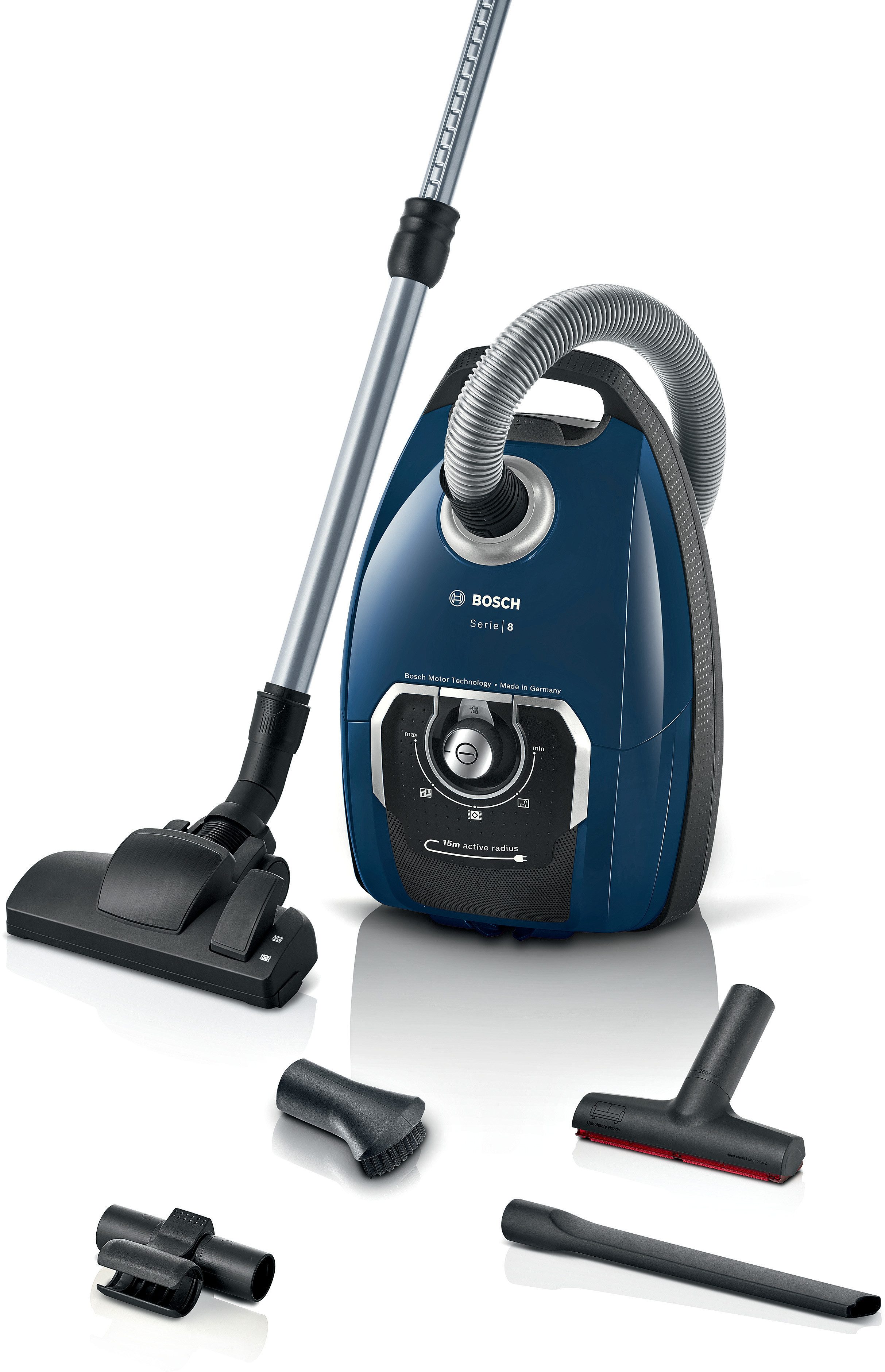 BOSCH Bodenstaubsauger Serie 8 BGL8XPER, Testsieger, ideal für Allergiker, Hygiene-Filter, 700 W, mit Beutel, 10 Jahre Motorgarantie, XXL-Polsterdüse, langes Kabel, leise, blau
