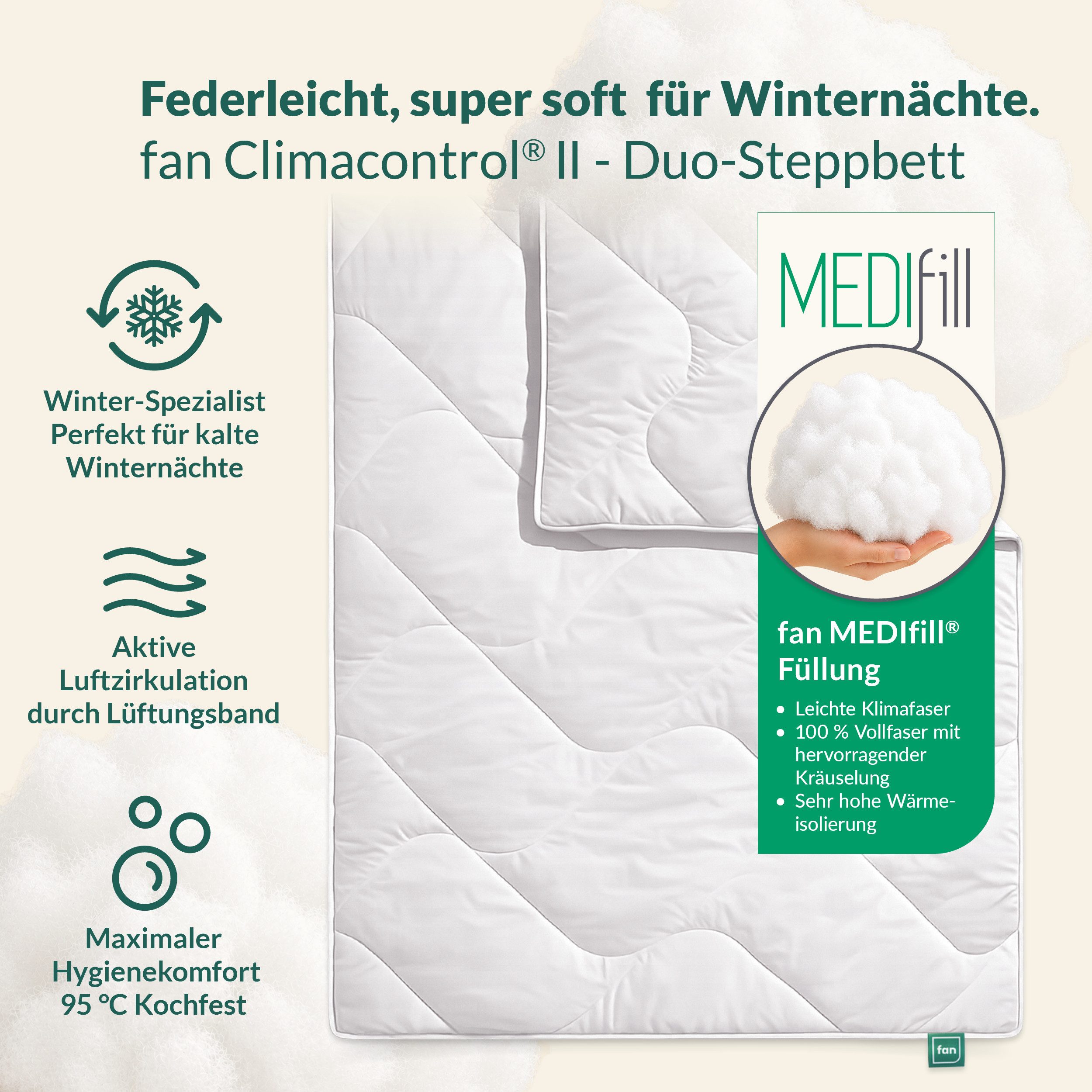 fan Microfaserbettdecke Climacontrol® II, Bettdecken für den Winter, Made in Germany, Füllung: 100% Polyester, Bezug: 100% Baumwolle, Bettdecke 135x200 cm, 155x220 cm und weiteren Größen, Decke