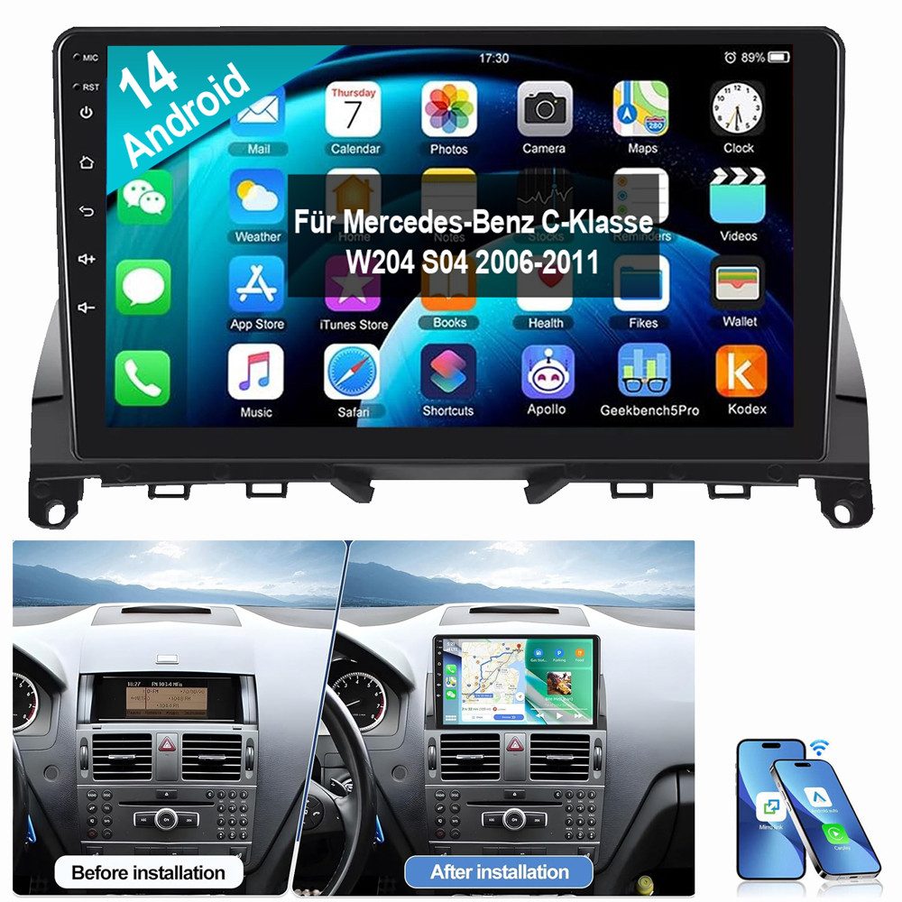 ESSGOO 9" Für Mercedes Benz C-Klasse W204 S204 WIFI GPS ASP Autoradio (Digitalradio (DAB), RDS, FM, AM, Apple Carplay Android Auto GPS Navi WIFI BT EQ)