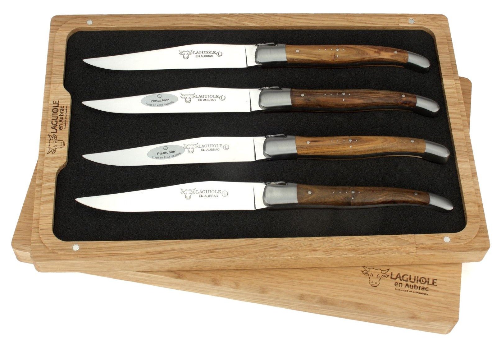 Laguiole en Aubrac Steakmesser 42C99PIIH 4er Set - Griff Pistazie - Backen matt - Klinge glänzend - Holzbox