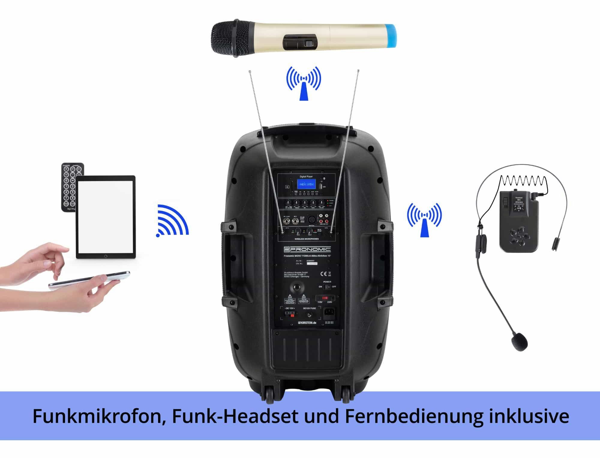 - Pronomic 15MA-A mit 15"-Woofer Funktion & MOVE 30 Funkmikrofon Soundanalage inkl. Lautsprecher (Bluetooth-Schnittstelle, TWS Akku-Aktivbox Headset) Mobile W,