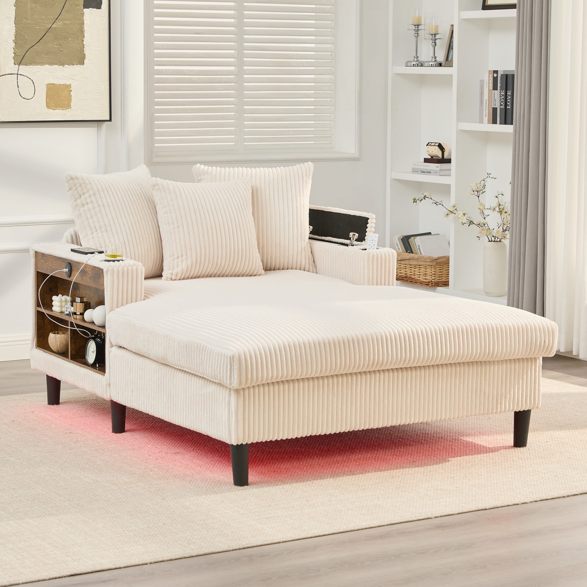 REDOM Sofa aus Cord mit Chaiselongue, Loungesofa, großzügiger Liegefläche, integrierten Getränkehaltern, LED-Licht und USB-Anschluss, mit Stauraum und Seitentasch, Schlafsofa