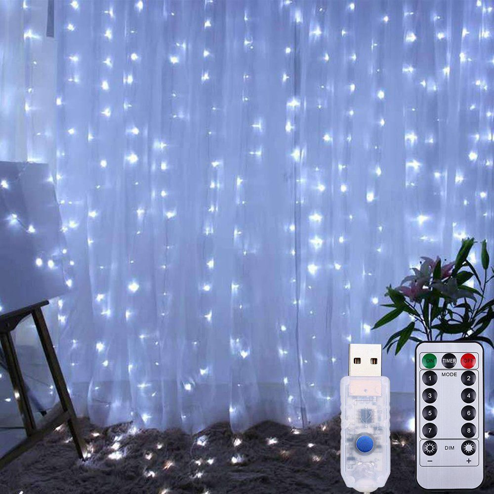 Laybasic Lichterkette LED Lichterkette,Vorhang Lichterketten,3x3M,Timer,300LEDs, Fernbedienung,8 Modi,für Innen und Außen Deko wie Weihnachten,Hochzeit Weiß