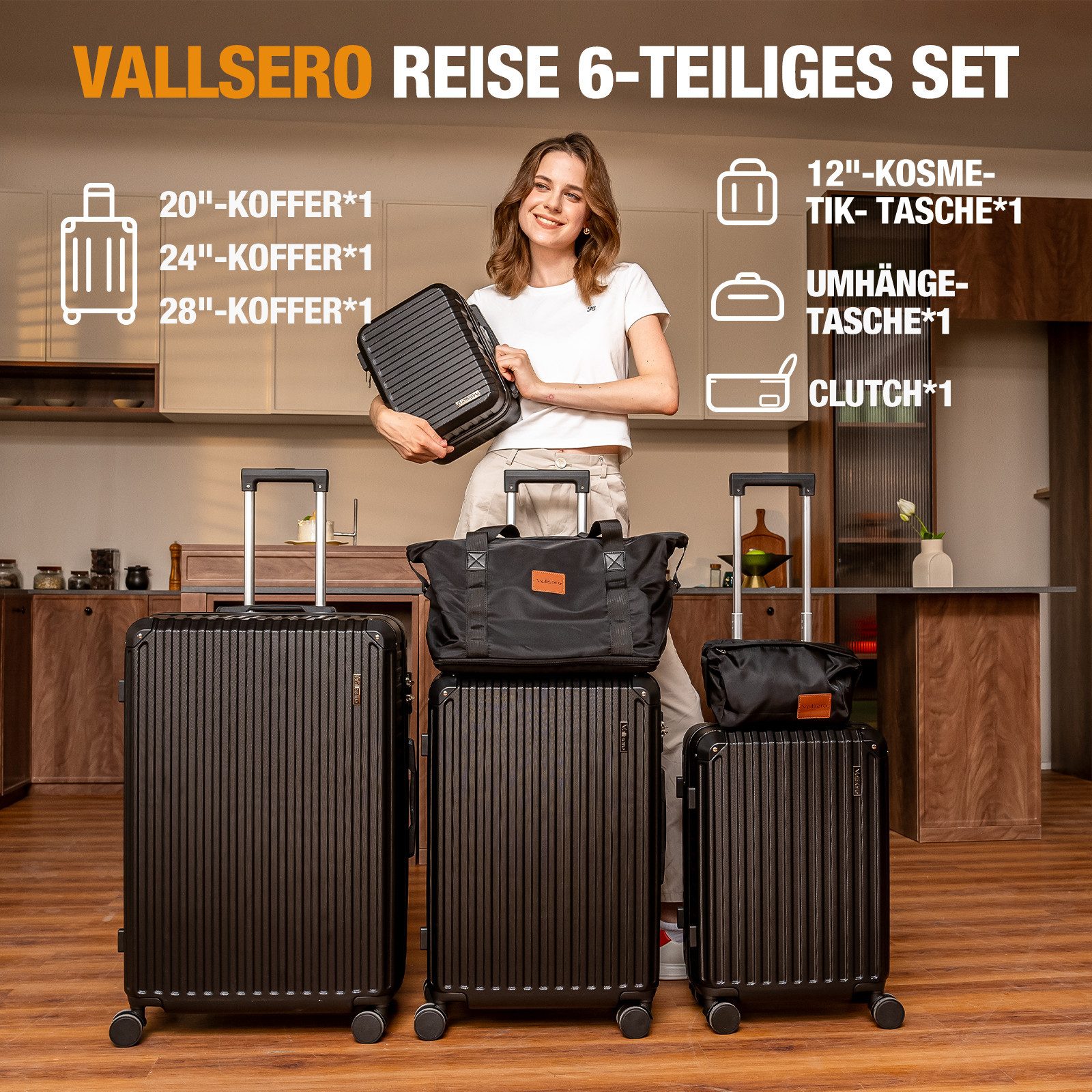 VALLSERO Trolleyset LG2 Hartschalen-Koffer set (S,M,L,XL) Rollkoffer, Reisekoffer, (Hartschalen Trolley 6-teiliges-set), Handgepäck 4 Rollen, ABS-Material, TSA Zollschloss, 6-teiliges Set