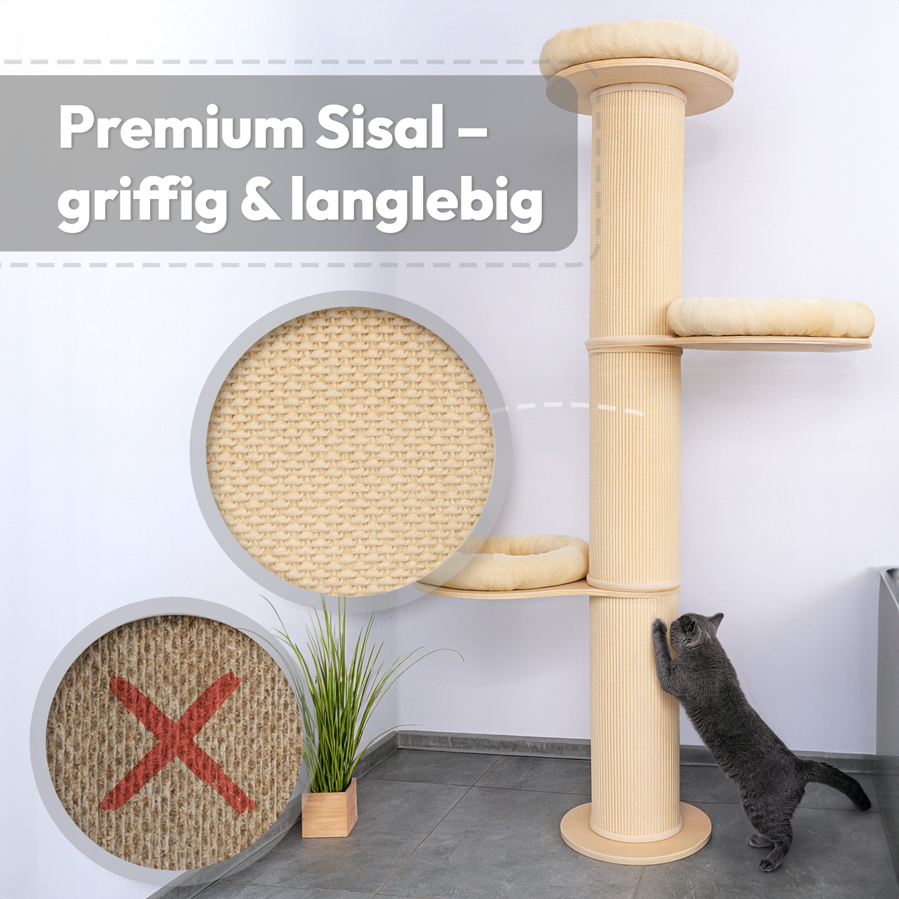 PET VIOLET Kratzbaum wandmontiert 185 cm hoch, XXL Katzenbaum I Premium Sisal Säulen, Kissen abnehmbar & waschbar, Premium Sisal, XXL Katzenbaum185 cm hoch