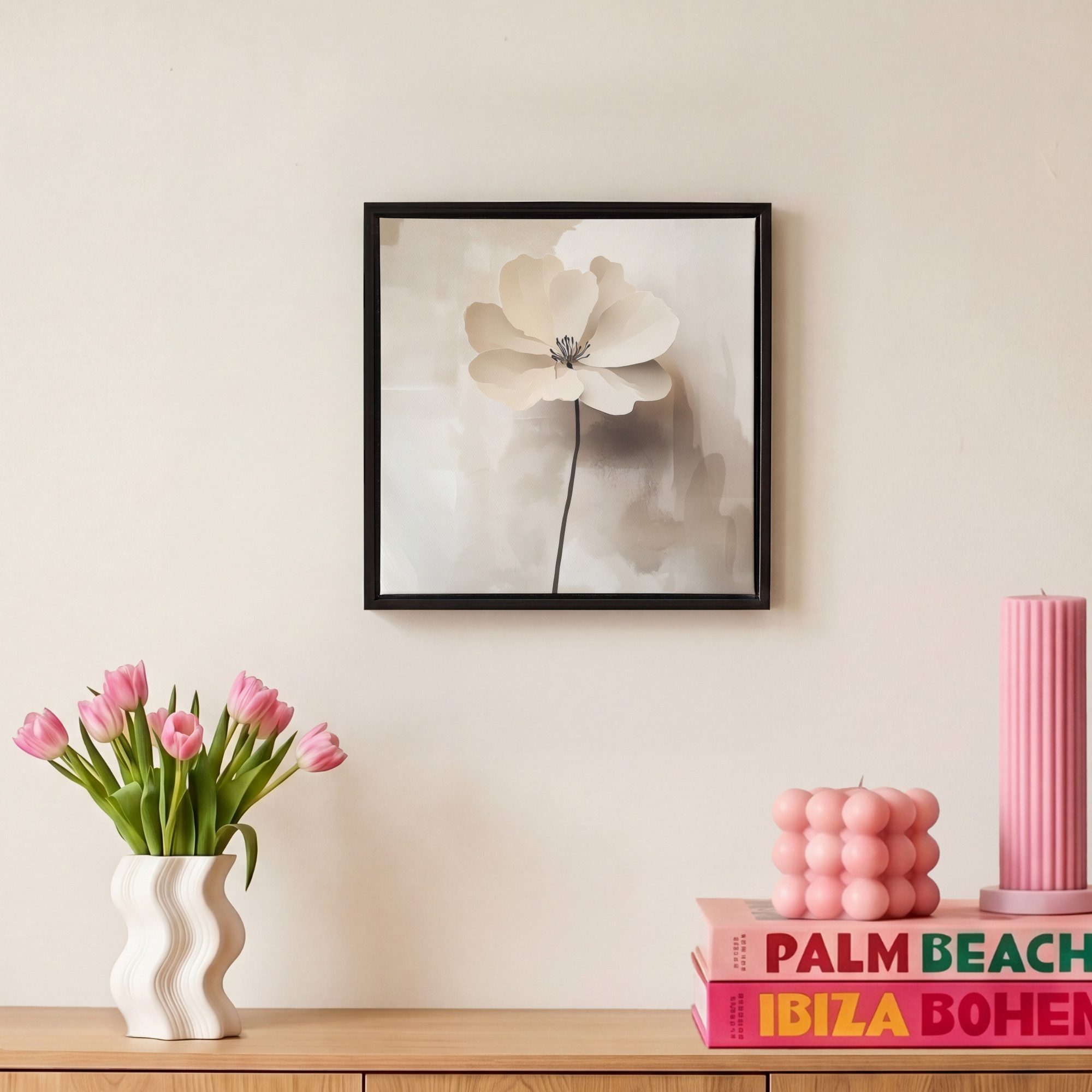 OneMillionCanvasses® Leinwandbild mit Rahmen - Blume - Beige - Farbe - Schatten, Fotodruck (1 St), Leinwand Bilder Klein, Wand Dekoration Aesthetic 20x20cm – Bild 4 von 5