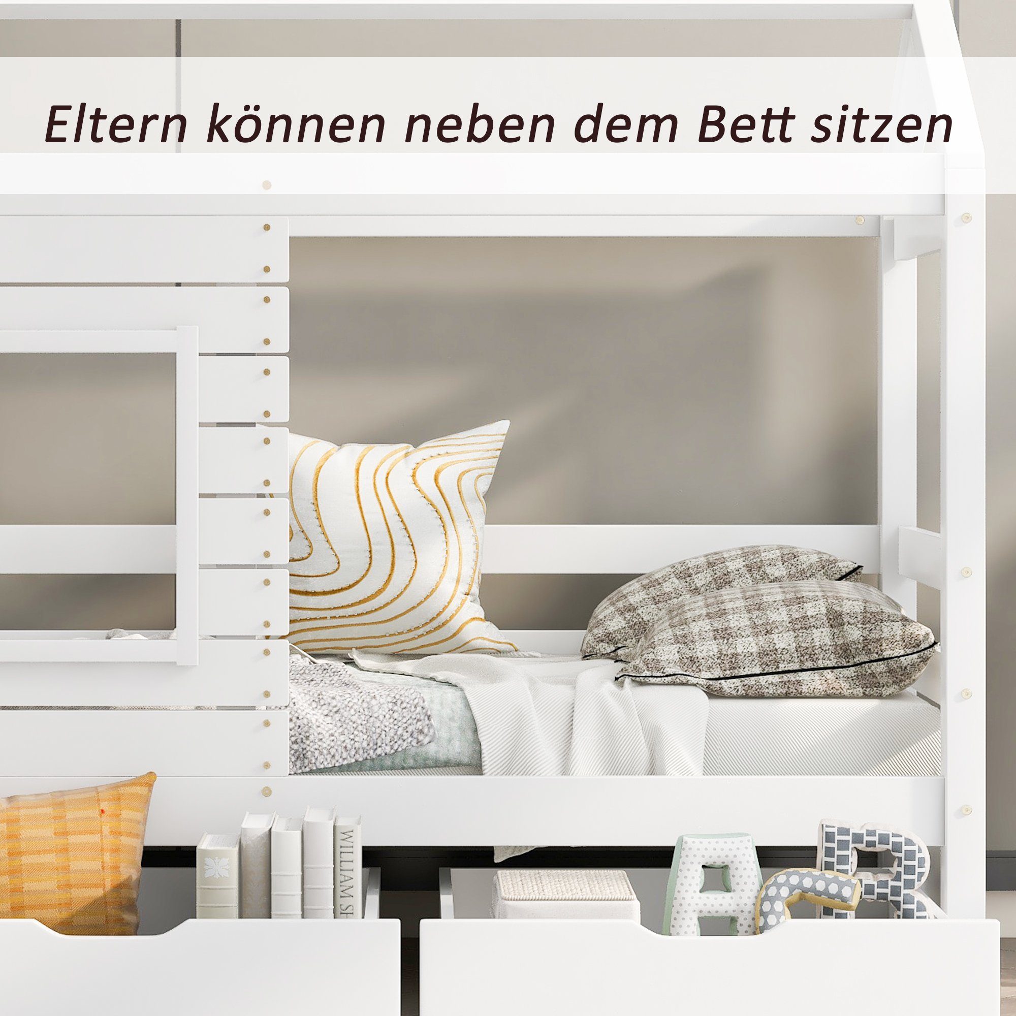 Kinderbett (1-tlg., Abenteuerbetten), Hausbett 80x160 cm mit Rausfallschutz und Lattenrost, Kiefer