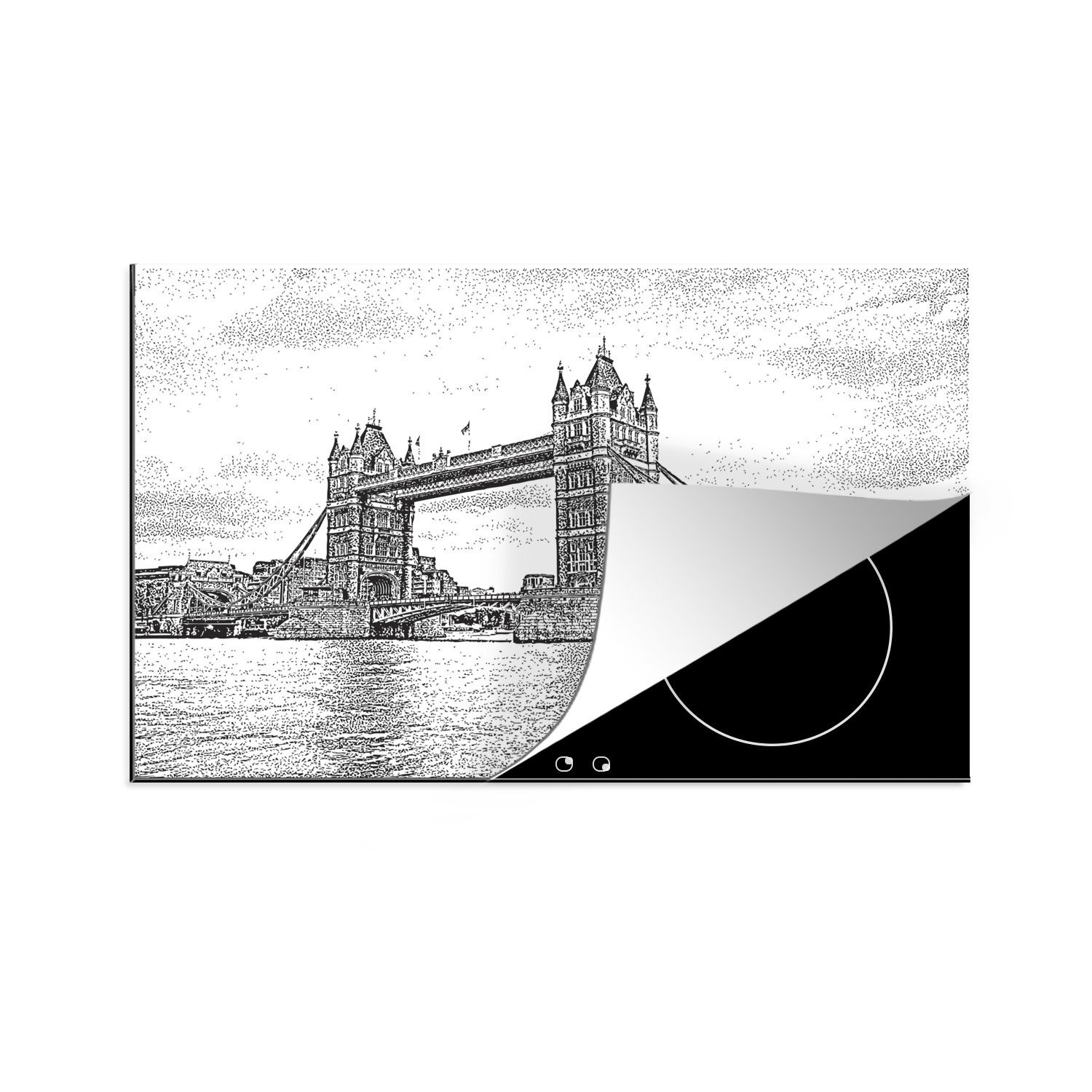 MuchoWow Herdblende-/Abdeckplatte Illustration der Tower Bridge in London in schwarz-weiß, Vinyl, (1 tlg), 81x52 cm, Induktionskochfeld Schutz für die küche, Ceranfeldabdeckung