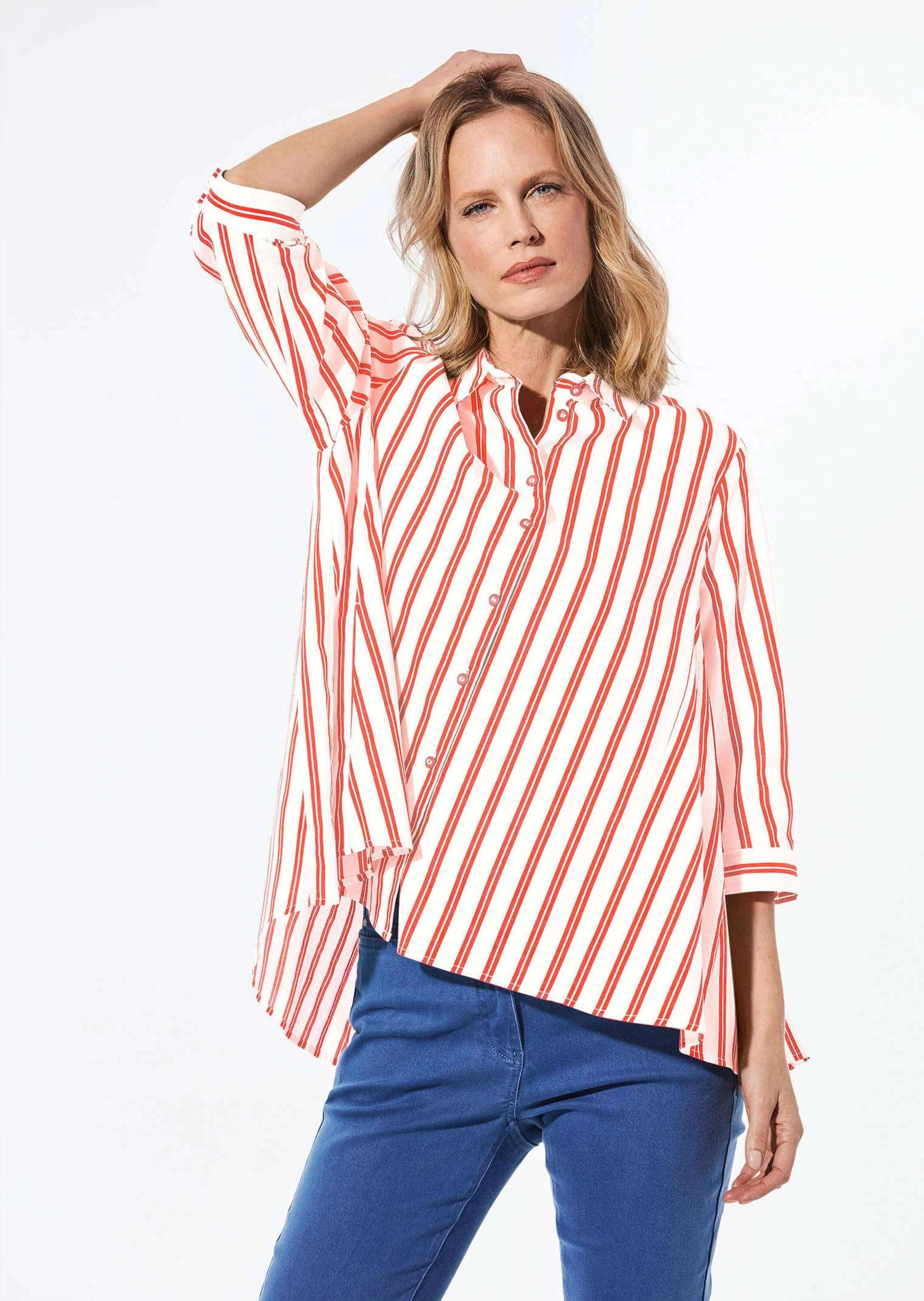 Klassische Bluse Kurzgröße: Baumwoll-Bluse 3/4-Arm Streifen