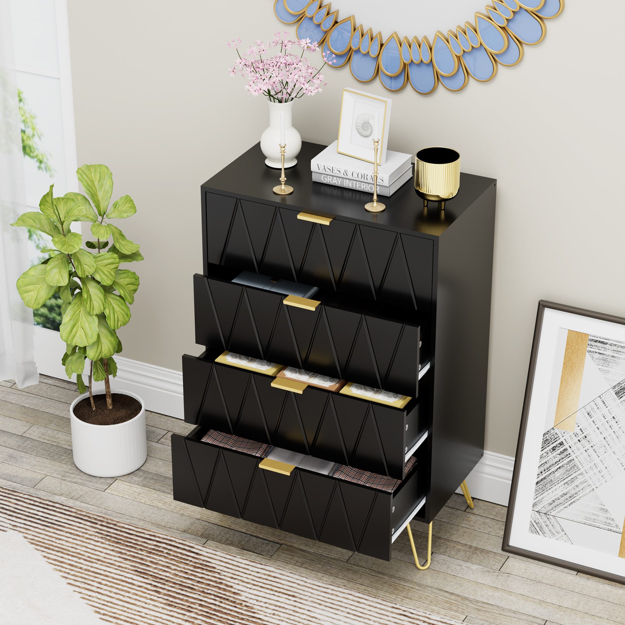 UEV Kommode modern Sideboard schmal Mehrzweckschrank für Kleidung Dokumente (Packung, Kommode mit 4 Schubladen 2er set, 120 x 34 x 91 cm), Schmal Beistellschran – Bild 4 von 5