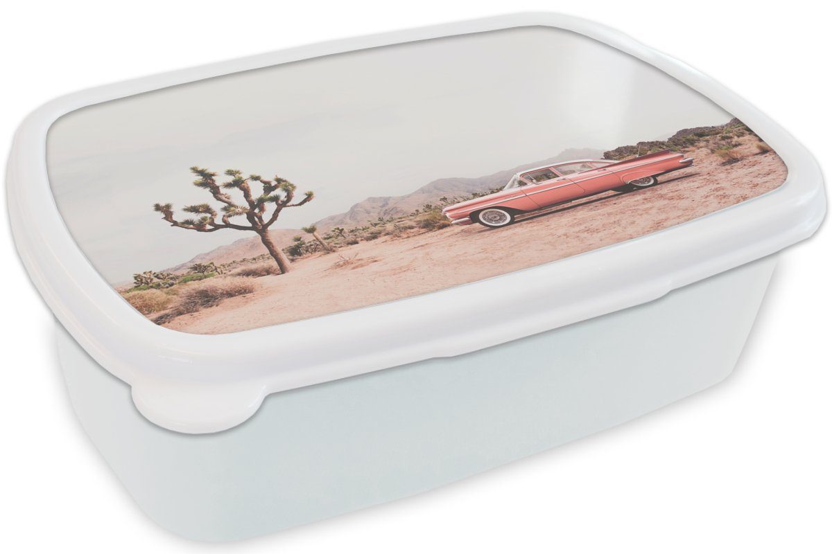 MuchoWow Lunchbox Auto - Wüste weiß und und Jungs - (2-tlg), Kinder Brotdose, Berge Erwachsene, Mädchen für Kunststoff, Sand, Baum für Brotbox - 