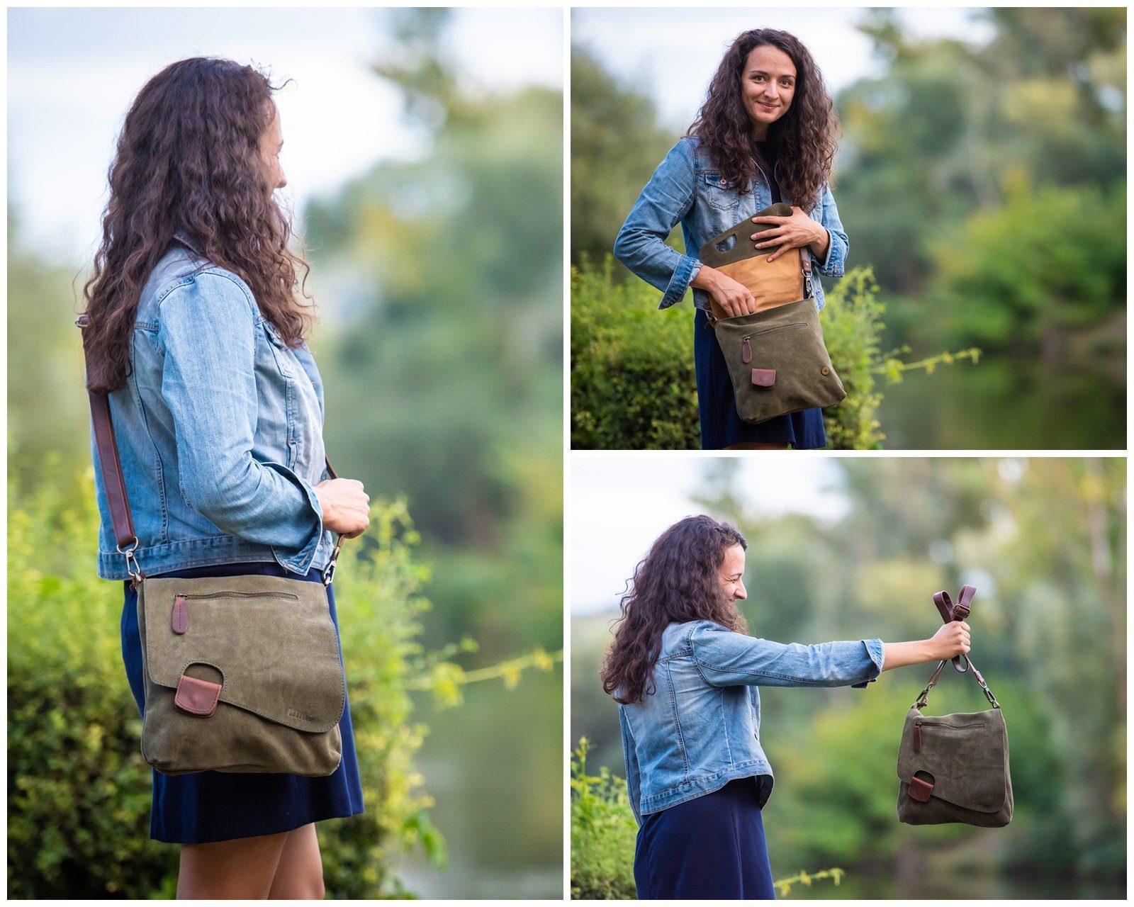 LECONI Umhängetasche Handtasche Ledertasche Damen Schultertasche Echt Wild-Leder LE3027, Überschlag & Reißverschluss – viele Fächer & Farben – 29 × 29 × 6 cm – Bild 2 von 5