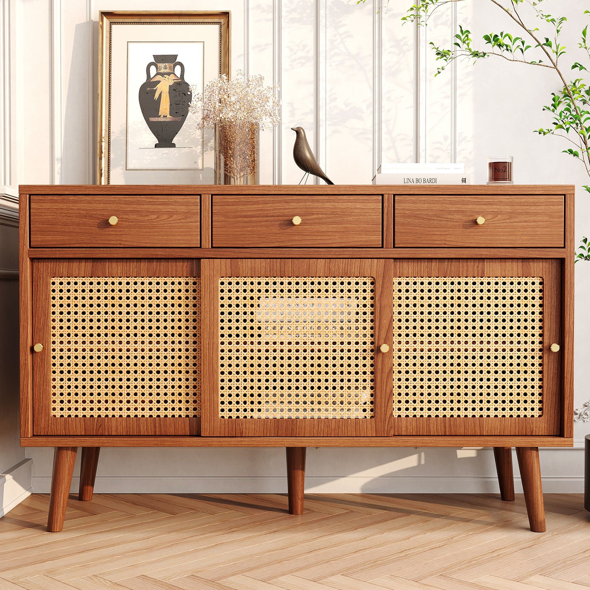 Merax Sideboard mit 3 Schubladen und 3 Schwebetüren, Rattangeflecht, Kommode mit verstellbaren Einlegböden, Anrichte, B/H/T: 120/40/78cm