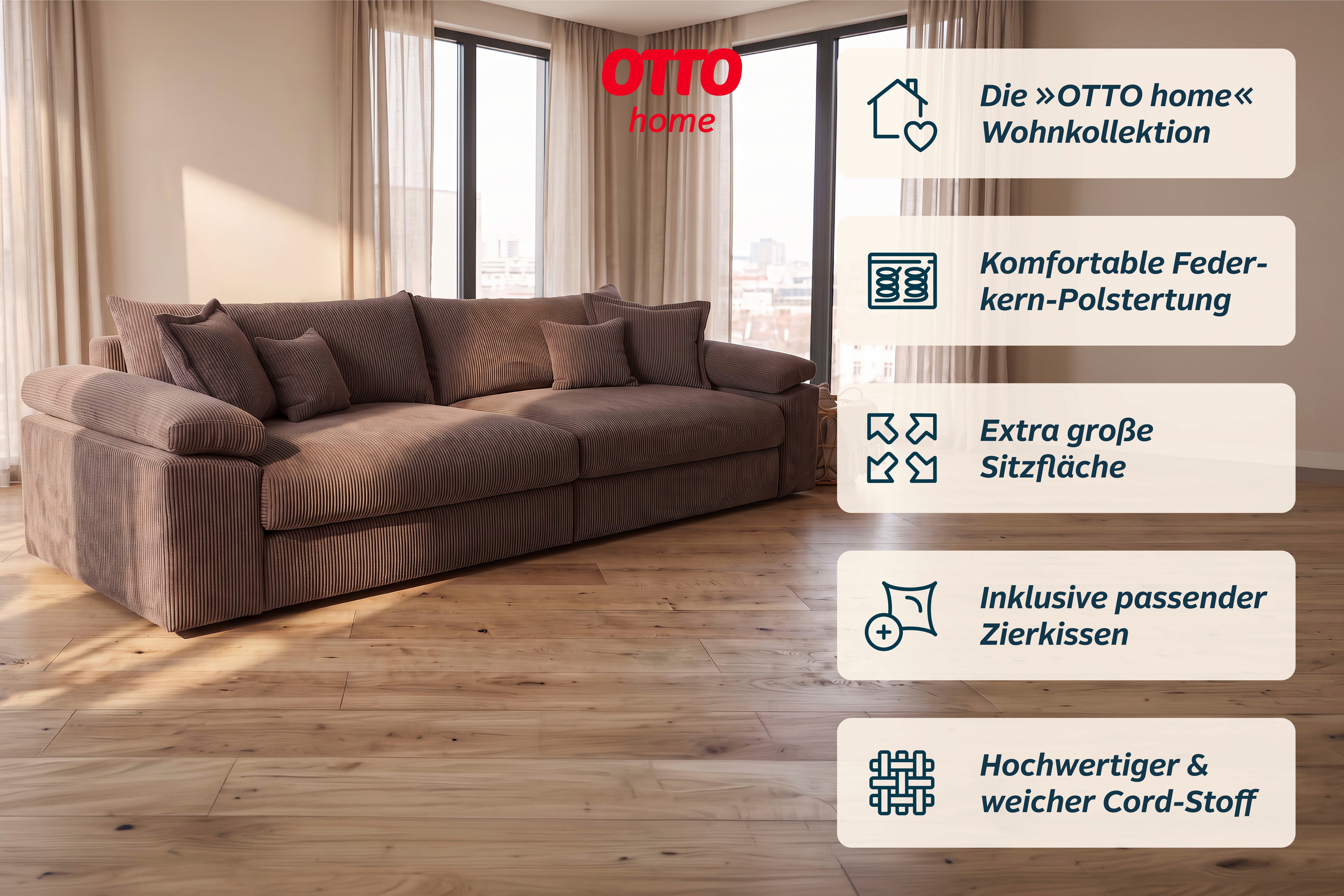 OTTO home Big-Sofa Soft&Cosy XXL, B: 303 cm - OTTO. Verlässliche Qualität., Mega-Sofa, Cord oder Chenille-Struktur, mit Federkern & 4 Zierkissen – Bild 3 von 5