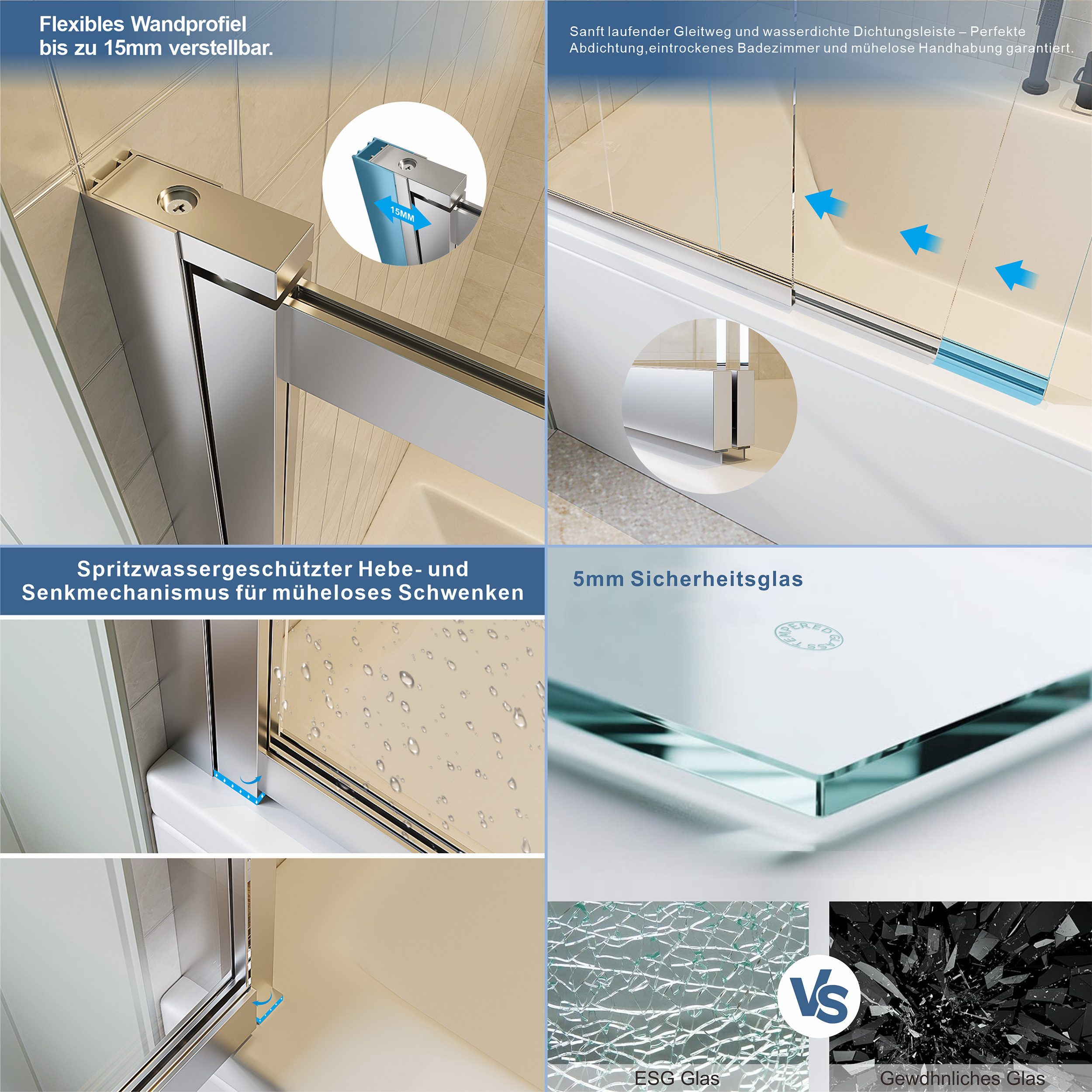 welltime Badewannenaufsatz Slider, Einscheibensicherheitsglas, (2 tlg), Duschwand zum Zusammenschieben UND an die Wand klappen! – Bild 4 von 5