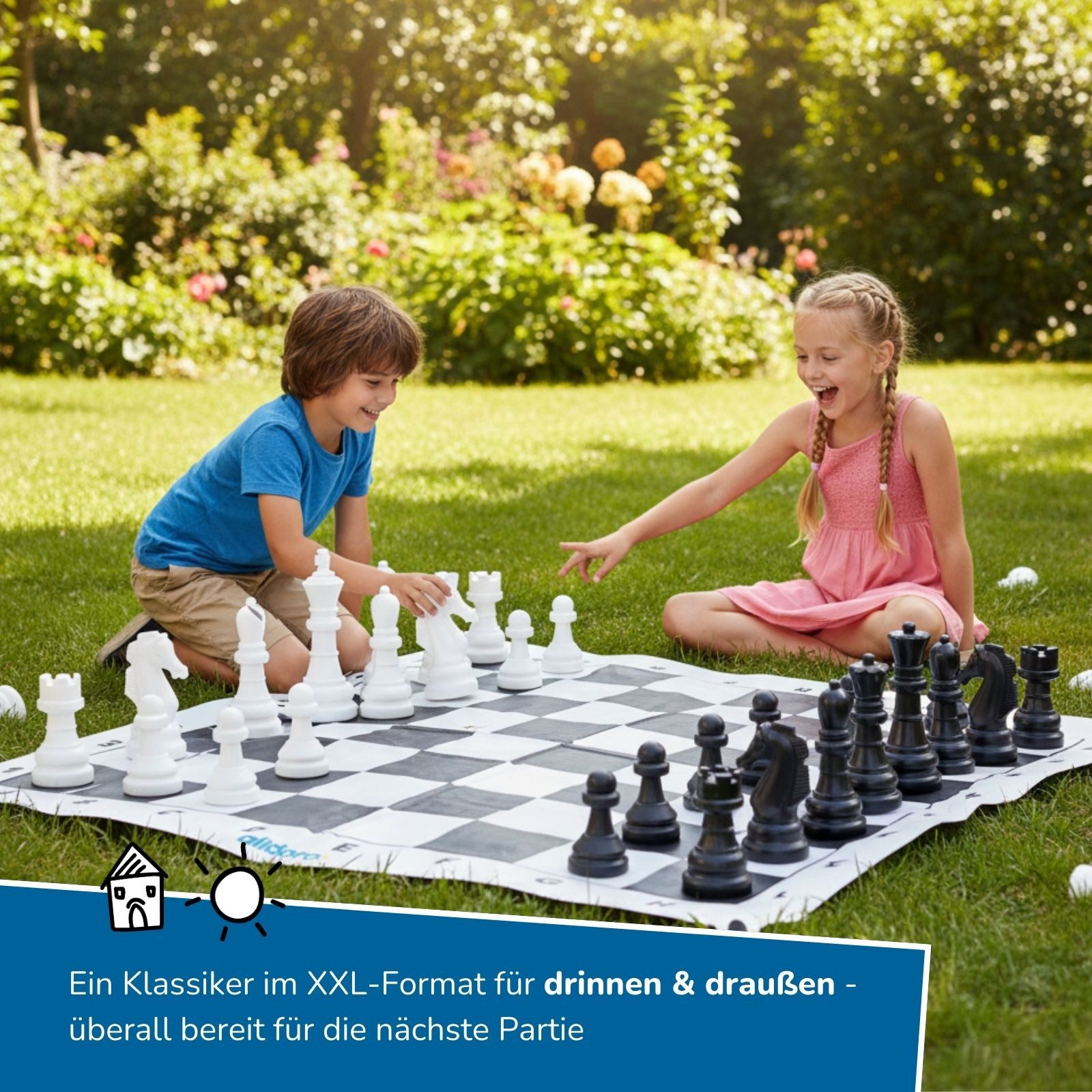 alldoro Spiel XXL Schach, großes Schachspiel für drinnen & draußen, Brettspielklassiker im Jumbo Format mit 158 x 158 cm großem Spielfeld
