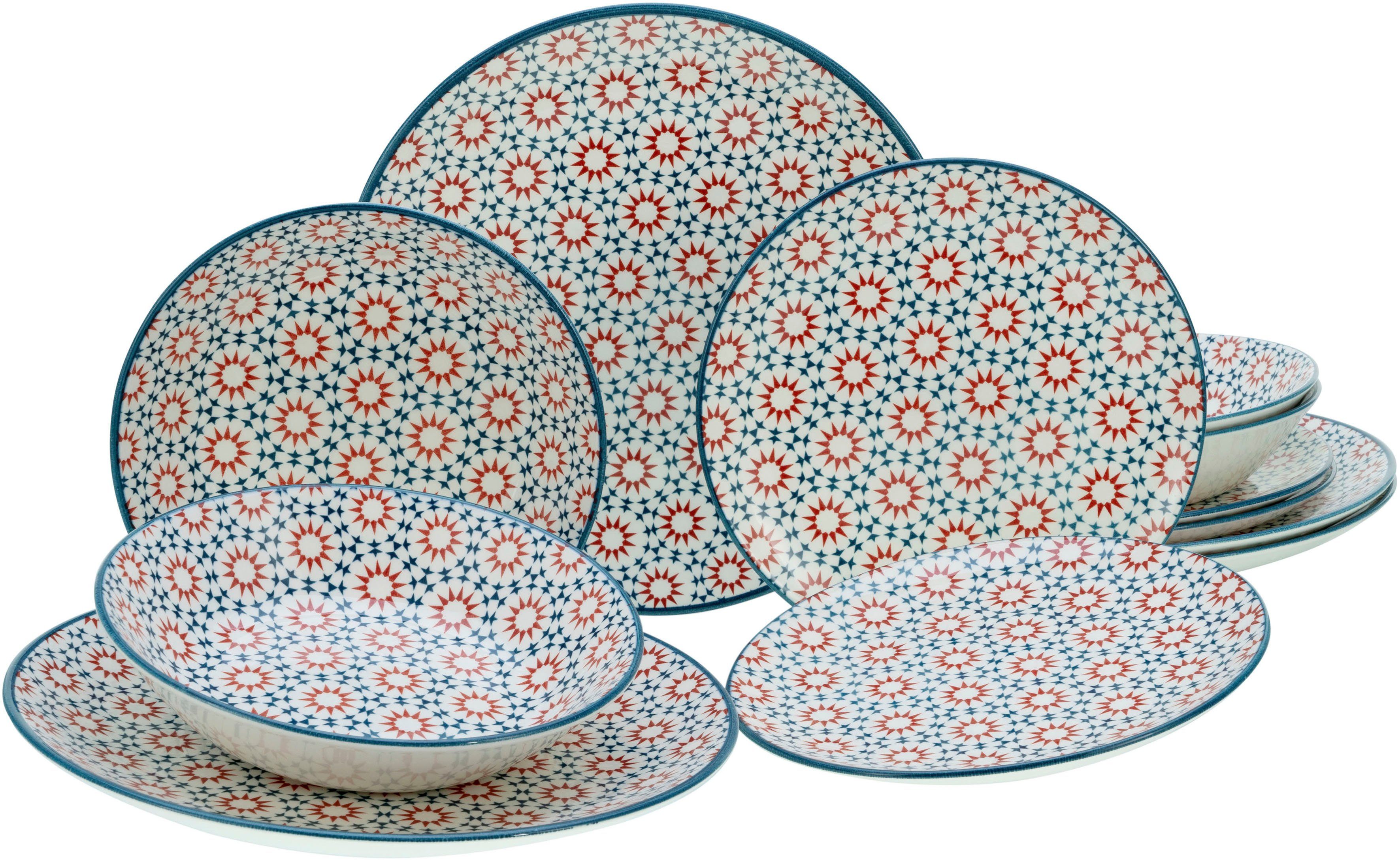 CreaTable Тарелки-Set Stella (12-tlg), 4 Personen, Porzellan, orientalisches Fliesenmotiv