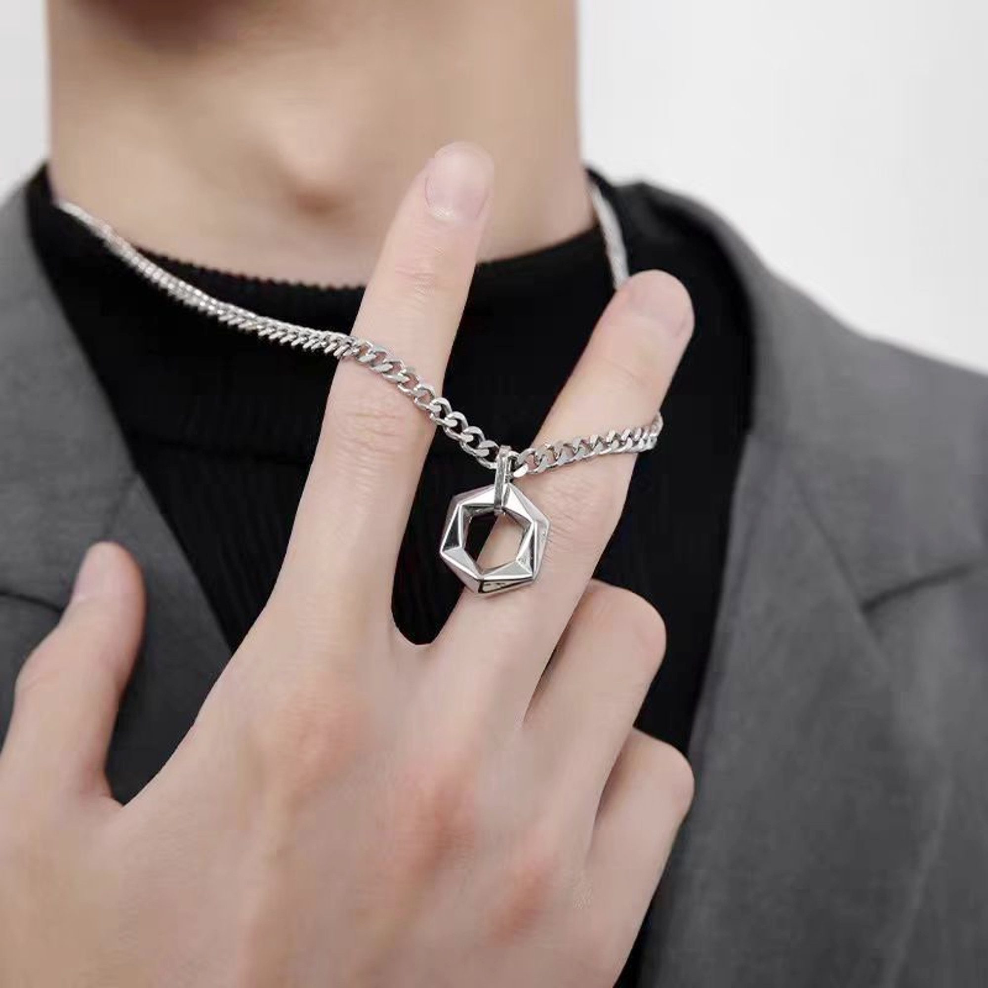 KARMA Kette mit Anhänger Halskette mit Hexagon Anhänger Silber Herren Edels günstig online kaufen