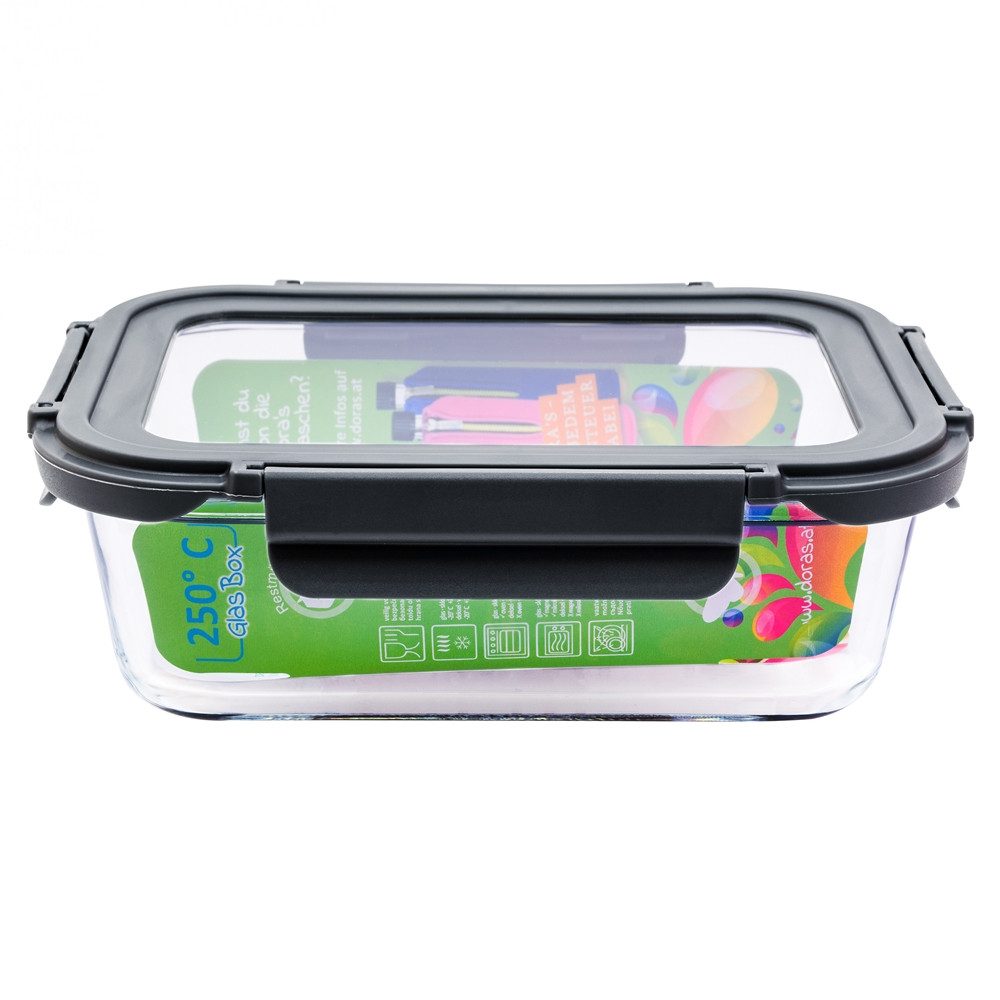 Dora's Frischhaltedose Glas-Frischhaltedose – Ofenfest & Auslaufsicher, versch. Größen, (Glas Box, inklusive Glasdeckel), 0,36 L. (Small), 0,65 L. (Medium), 1,0 L. (Large) oder Rund 0,5 Liter