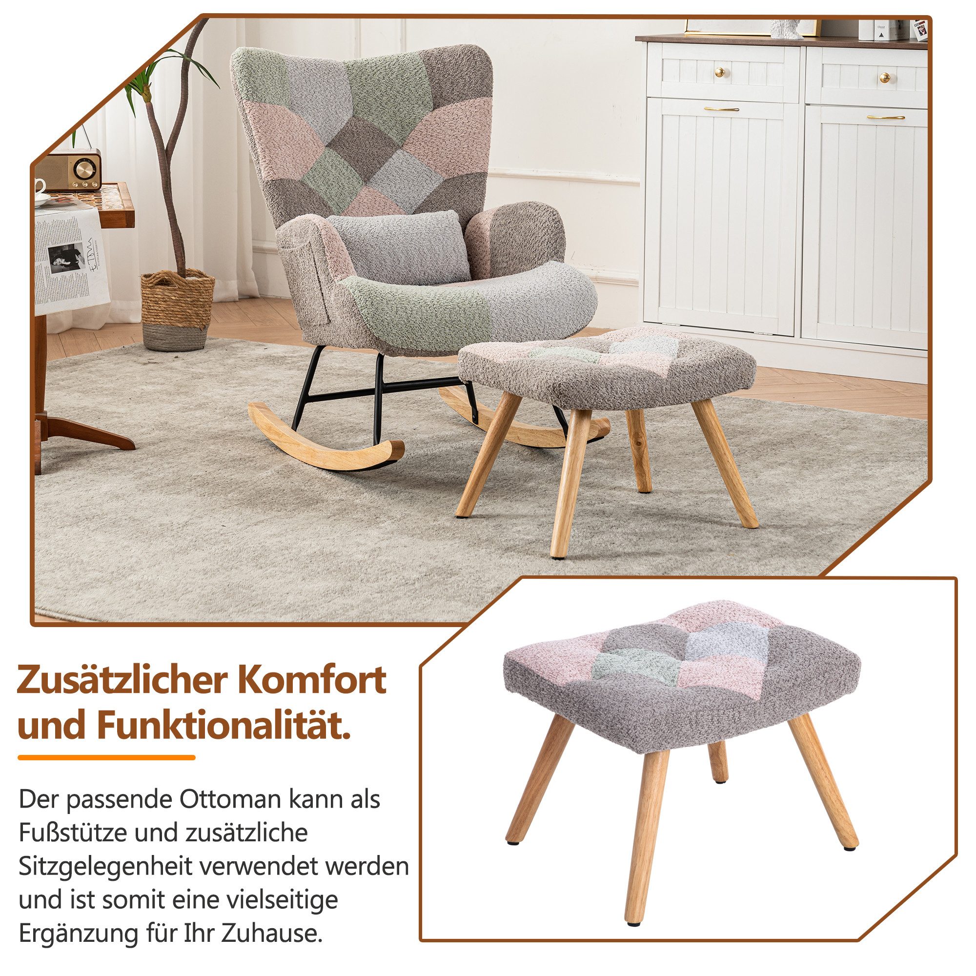 Merax Schaukelstuhl mit Teddyplüsch, Swingsessel mit Holzsockel, Schaukelsessel mit Hocker,Lendenkissen,Bunt