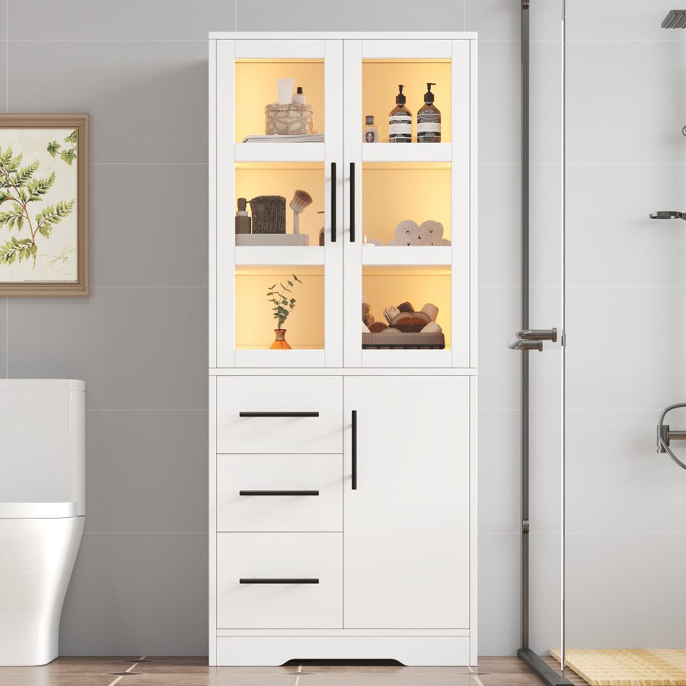 BBWL Stauraumschrank Weiß mit LED Licht Glastüren Schubladen verstellbaren Regalböden Badezimmerschrank 72x35x170 cm