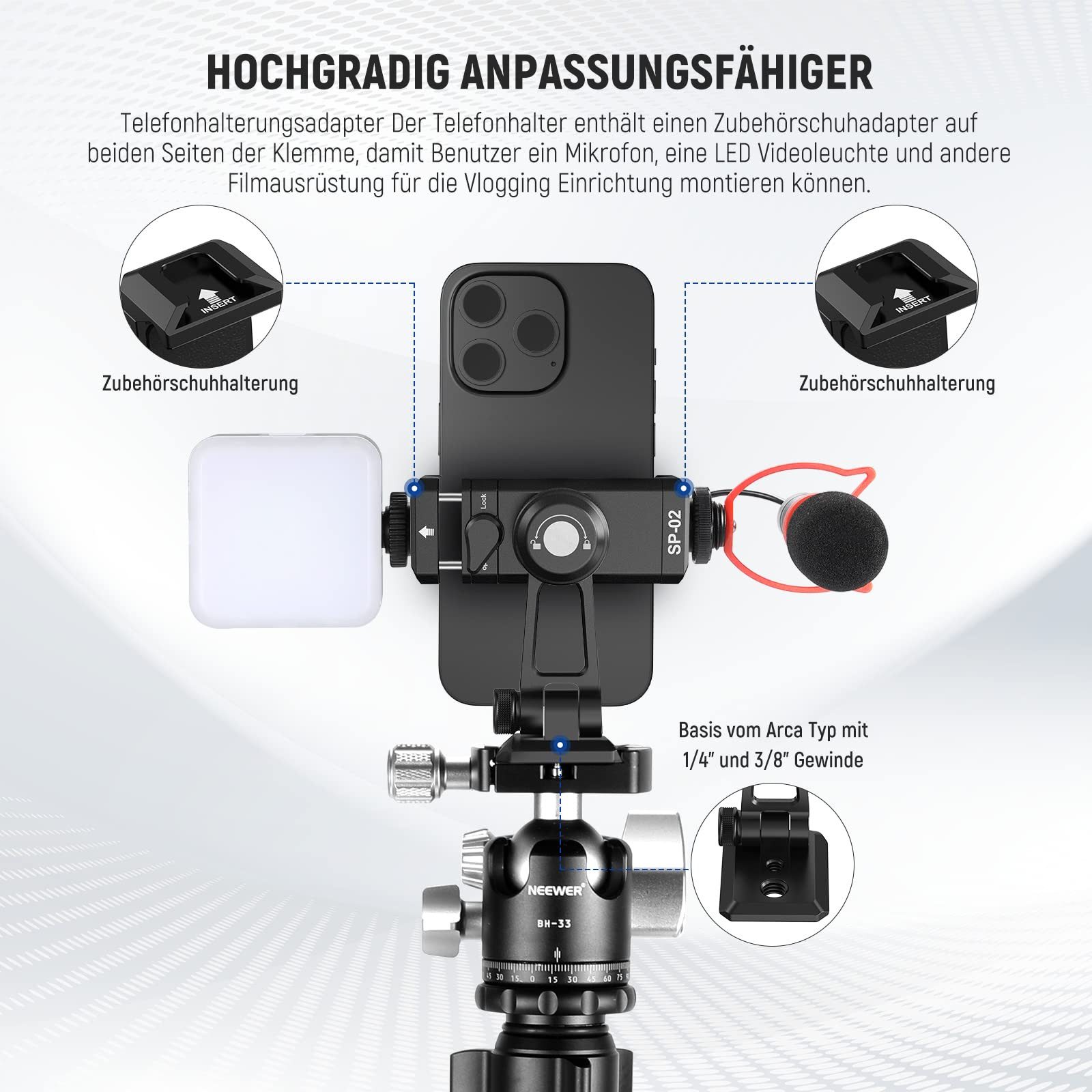 Neewer Handy-Halterung SP-02 Metall Handy Stativ Mount Adapter Halterung, mit Arca Basis, (bis 3.8 Zoll, Packung, 270° Drehung, 2 kalte Schuhe, Telefonhalterkle – Bild 2 von 5