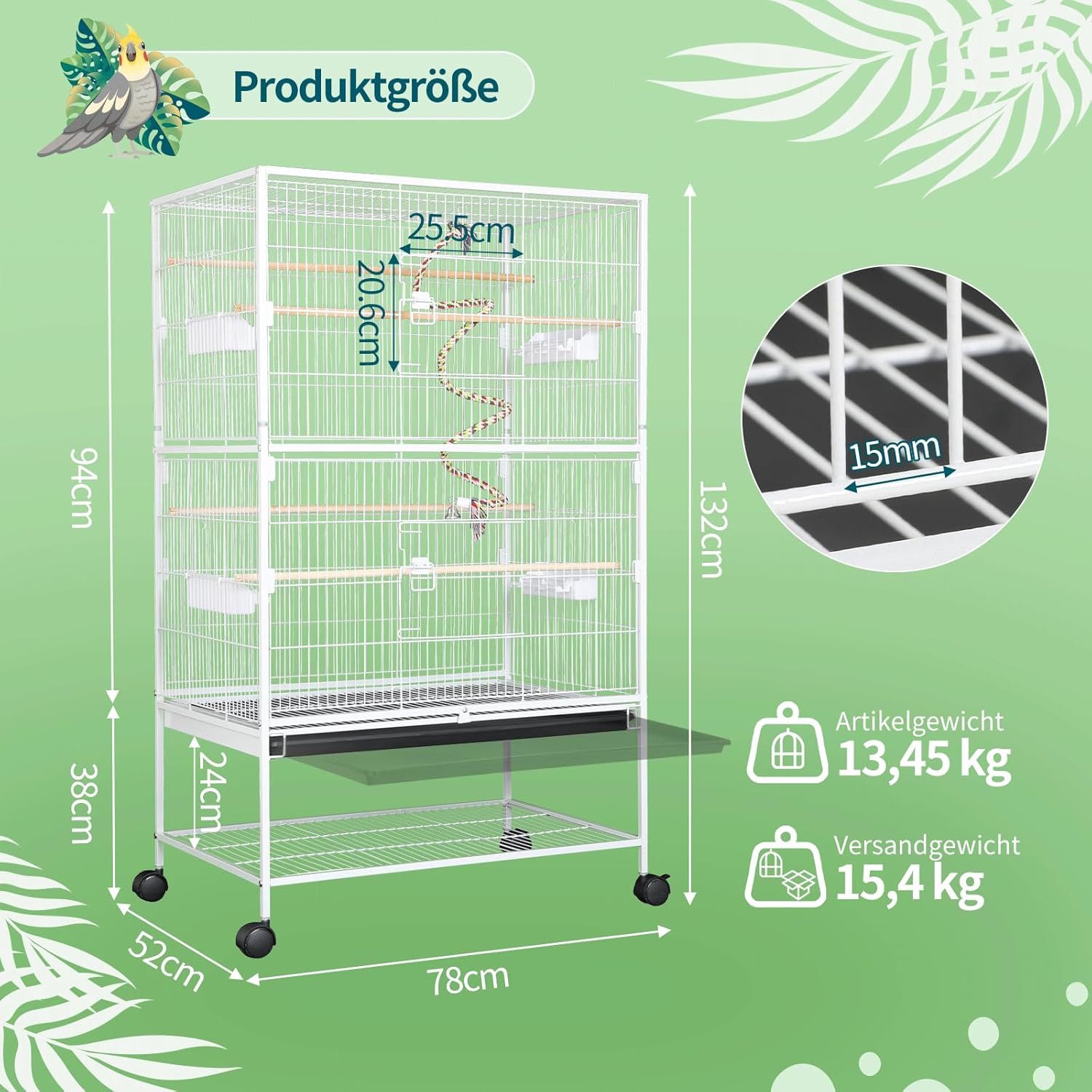 TLGREEN Vogelkäfig groß, Vogelvoliere 132cm, Metall Vogelkäfig, Vogelkäfige für wellensittiche mit spielzeug