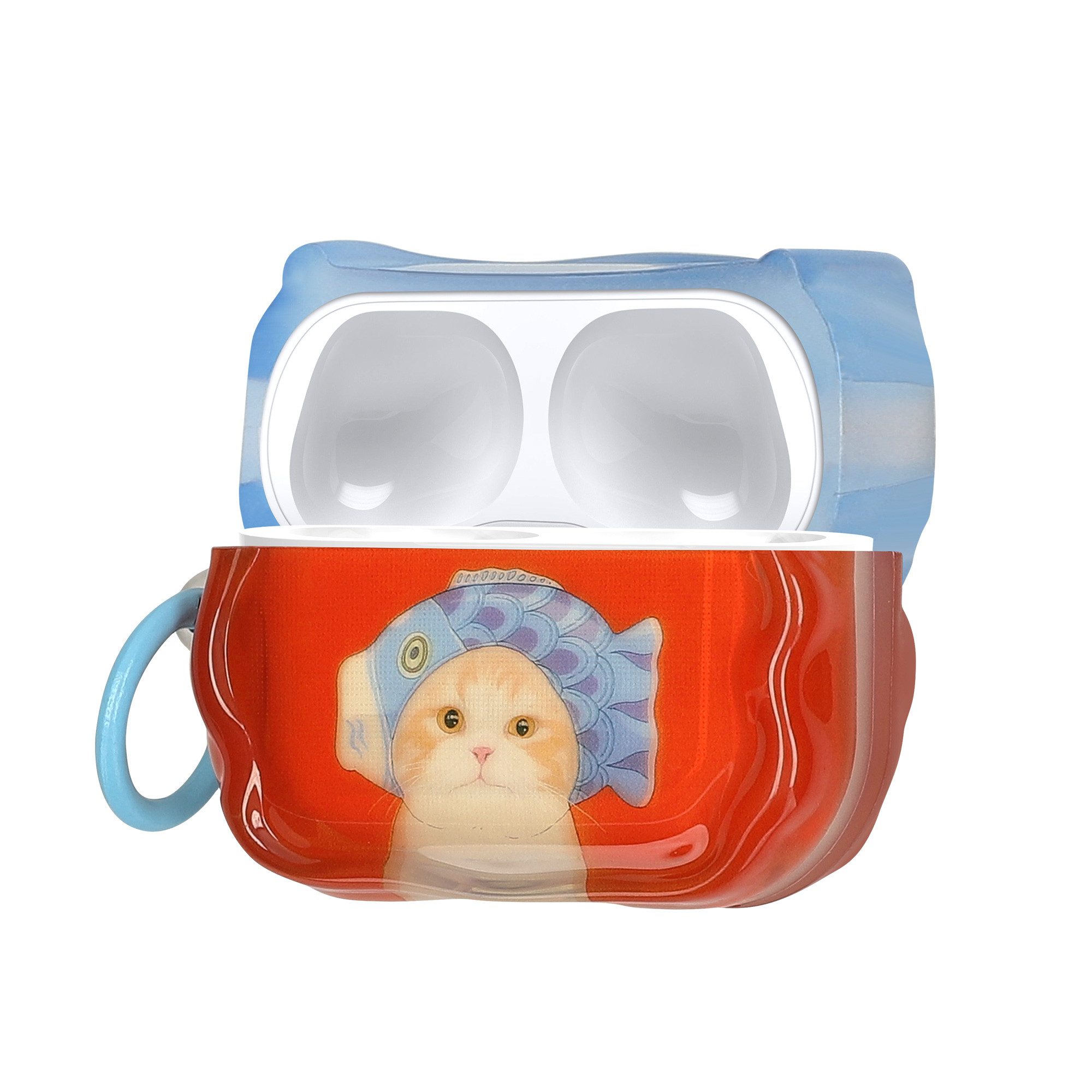kwmobile Kopfhörer-Schutzhülle In-Ear Kopfhörer Case für Apple Airpods Pro 2 / Pro 1, Hülle mit Karabiner - Headphones Case - Katze mit Fischhut Design