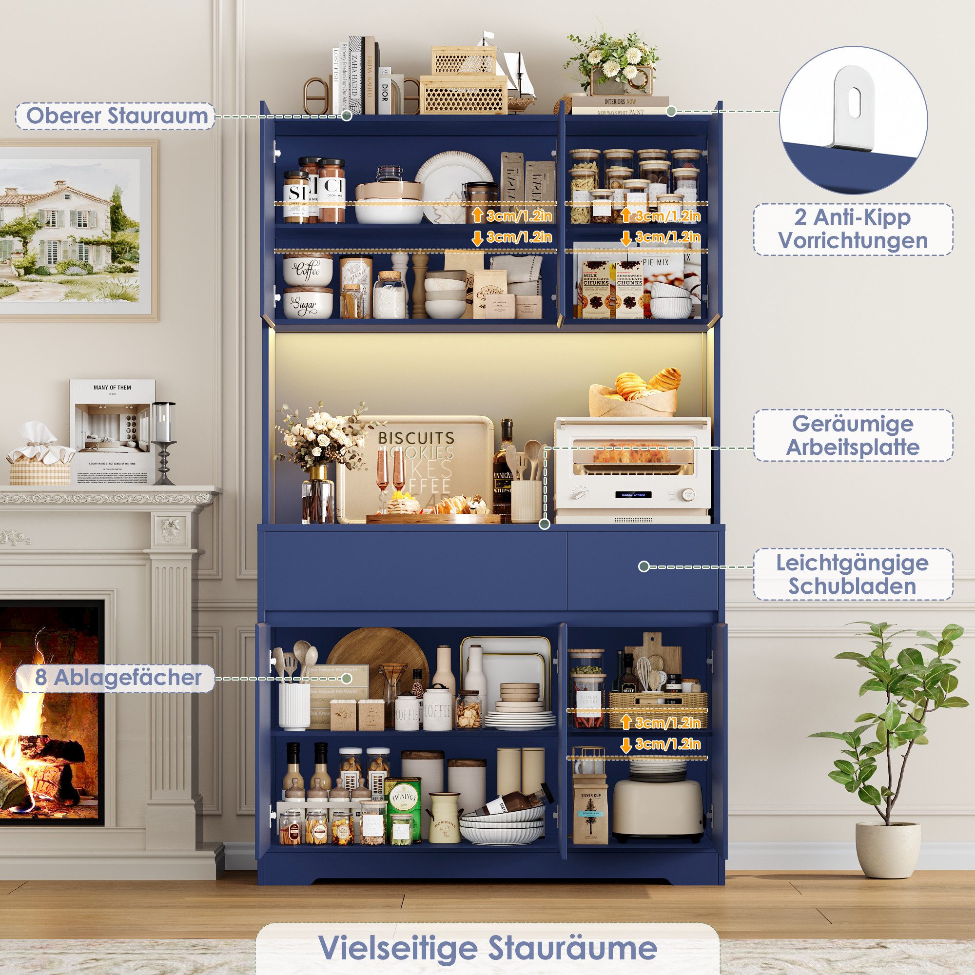 Homfa Küchenbuffet Küchenschrank mit LED Buffetschrank mit Steckdosen Hochschrank mit Arbeitsplatte, 6 Türen und Schubladen