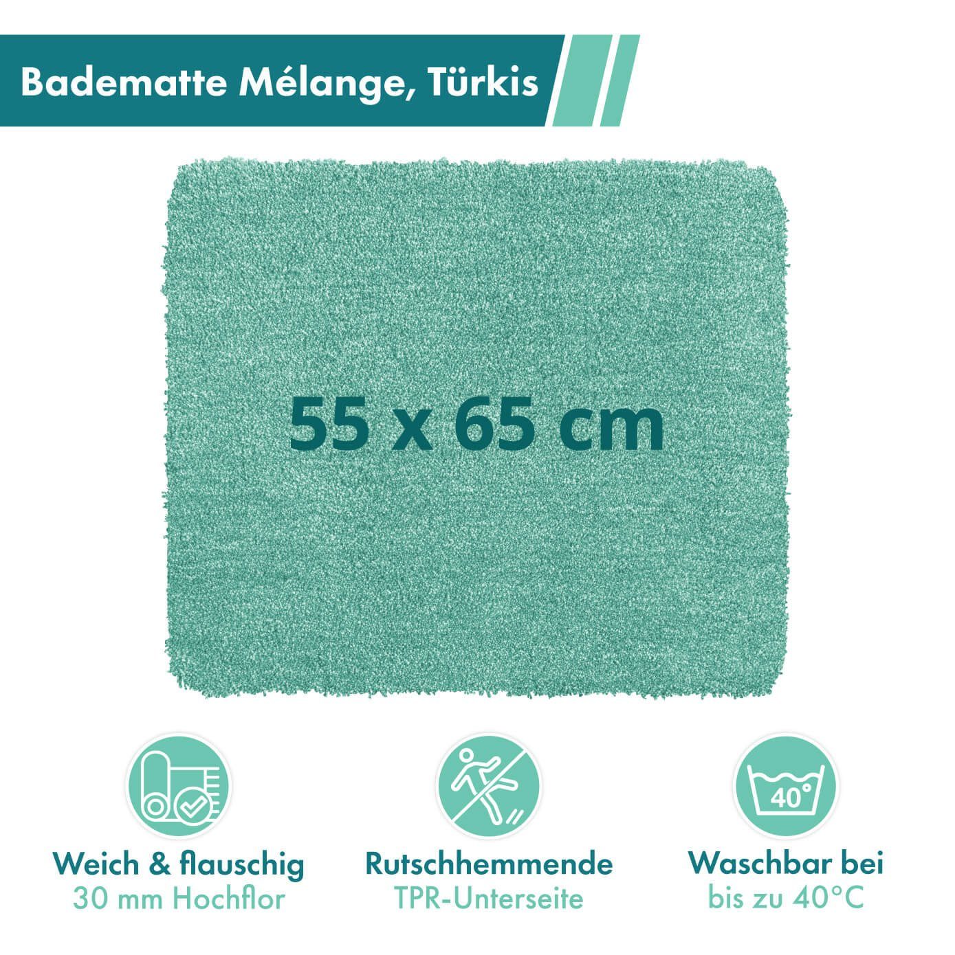 Matte Mirofaser türkis MÉLANGE Bad 55x65 WENKO Dusch Vorleger Teppich rutschfest Badematte cm