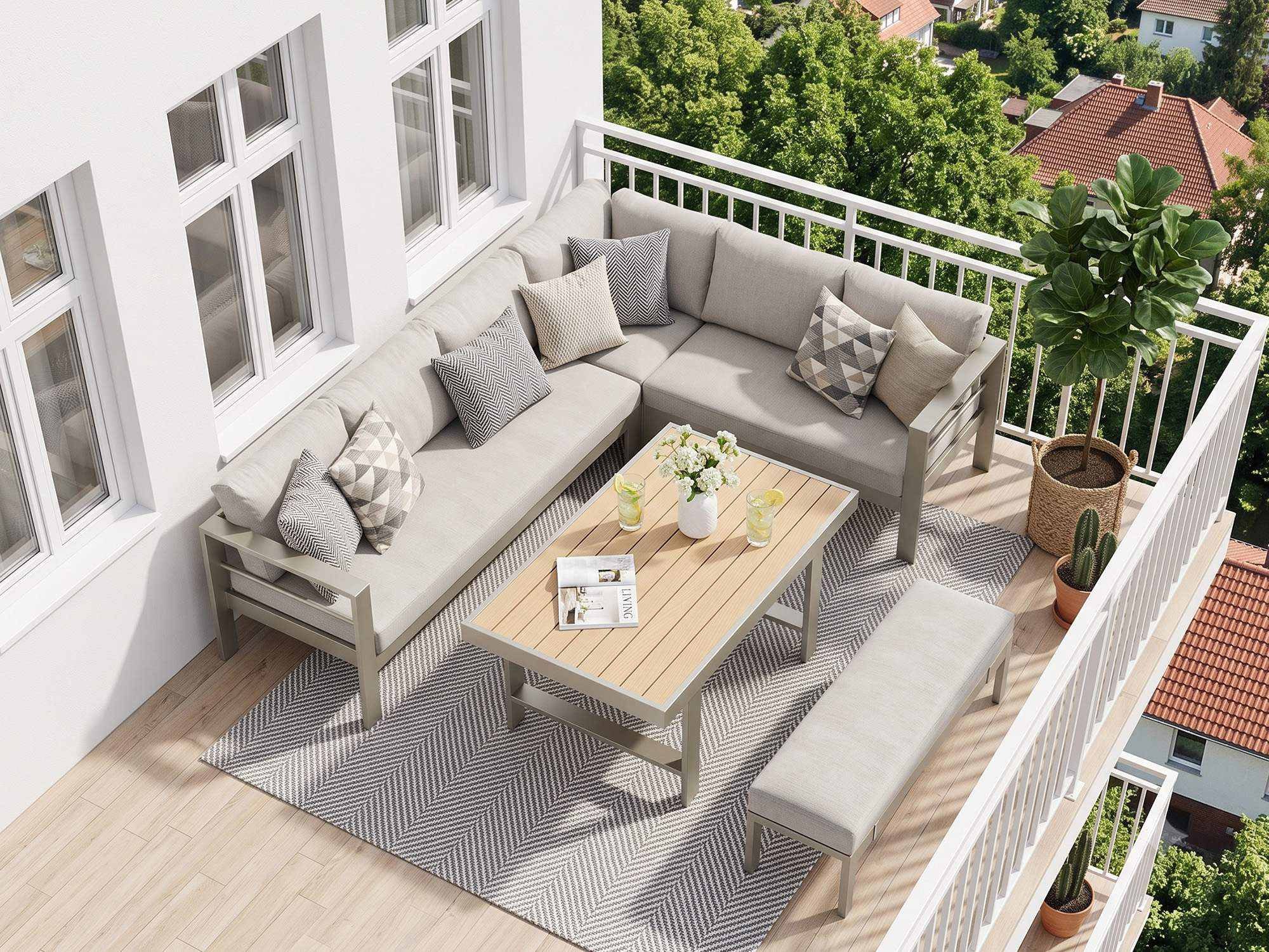 MeXo Gartenlounge-Set XXL Outdoor Lounge Set mit Esstisch, (Wetterfeste modulare Ecklounge aus Aluminium, 5-tlg., Gartenmöbel Set für 6-8 Personen), 12cm Deluxe Relax-Sitzkissen, 8 cm breite Armlehne