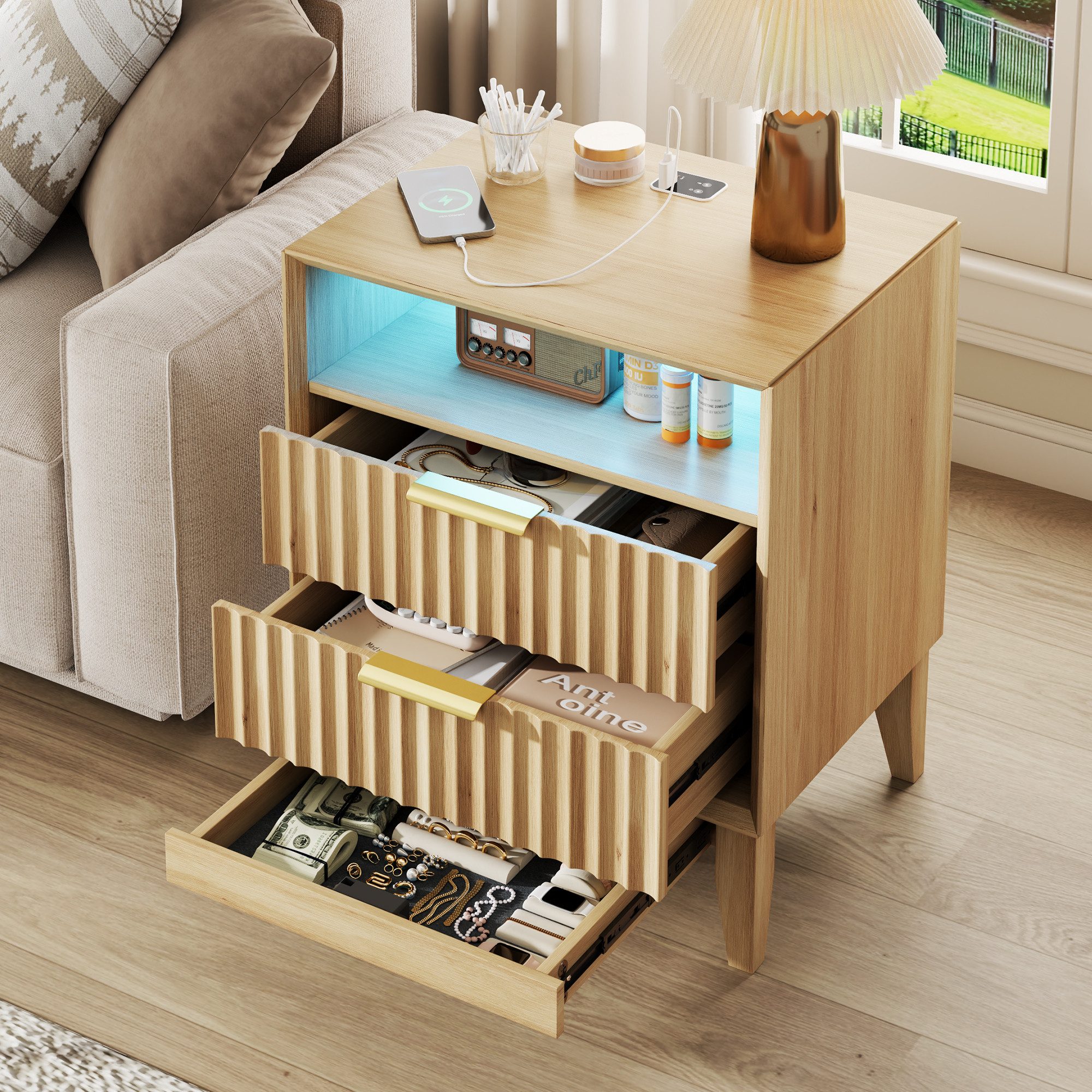 LVSOMT Nachttisch im Mid-Century-Modern-Stil, mit Ladestation und LED-Beleuchtung (1-St), versteckte Schublade mit RFID-Schloss & offenes Ablagefach