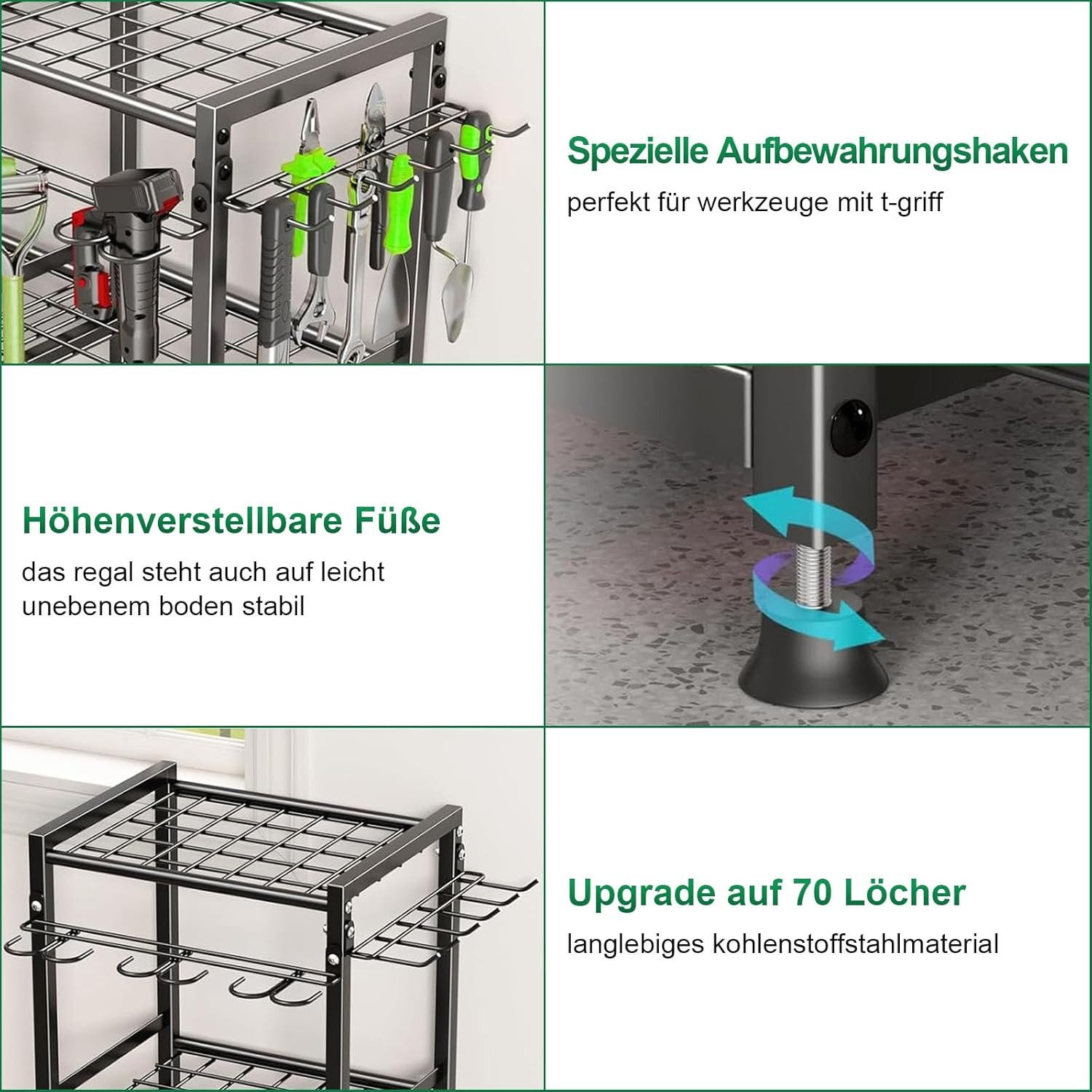 Toomoke Gartengerätehalter Gartenwerkzeug-Organizer, Werkzeugständer, (Geräteständer mit Haken, Aufbewahrungsregal für Garage & Garten, 3-Ebenen-System mit vers – Bild 5 von 5