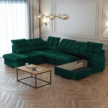 DB-Möbel Ecksofa "Bloow" Schlafsofa in U-Form Dunkelgrün, Ottomane rechts.