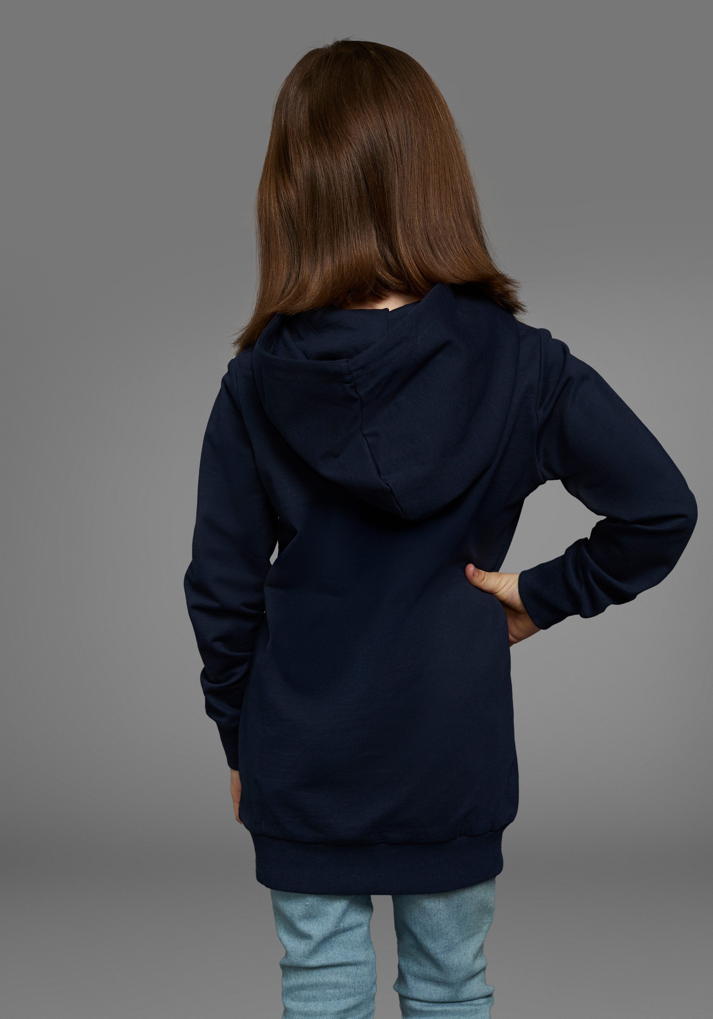 KIDSWORLD Kapuzensweatshirt, Longsweashirt mit Pailletten Langarm, Basic-Passform, mit modischem Druck, mit Kapuze
