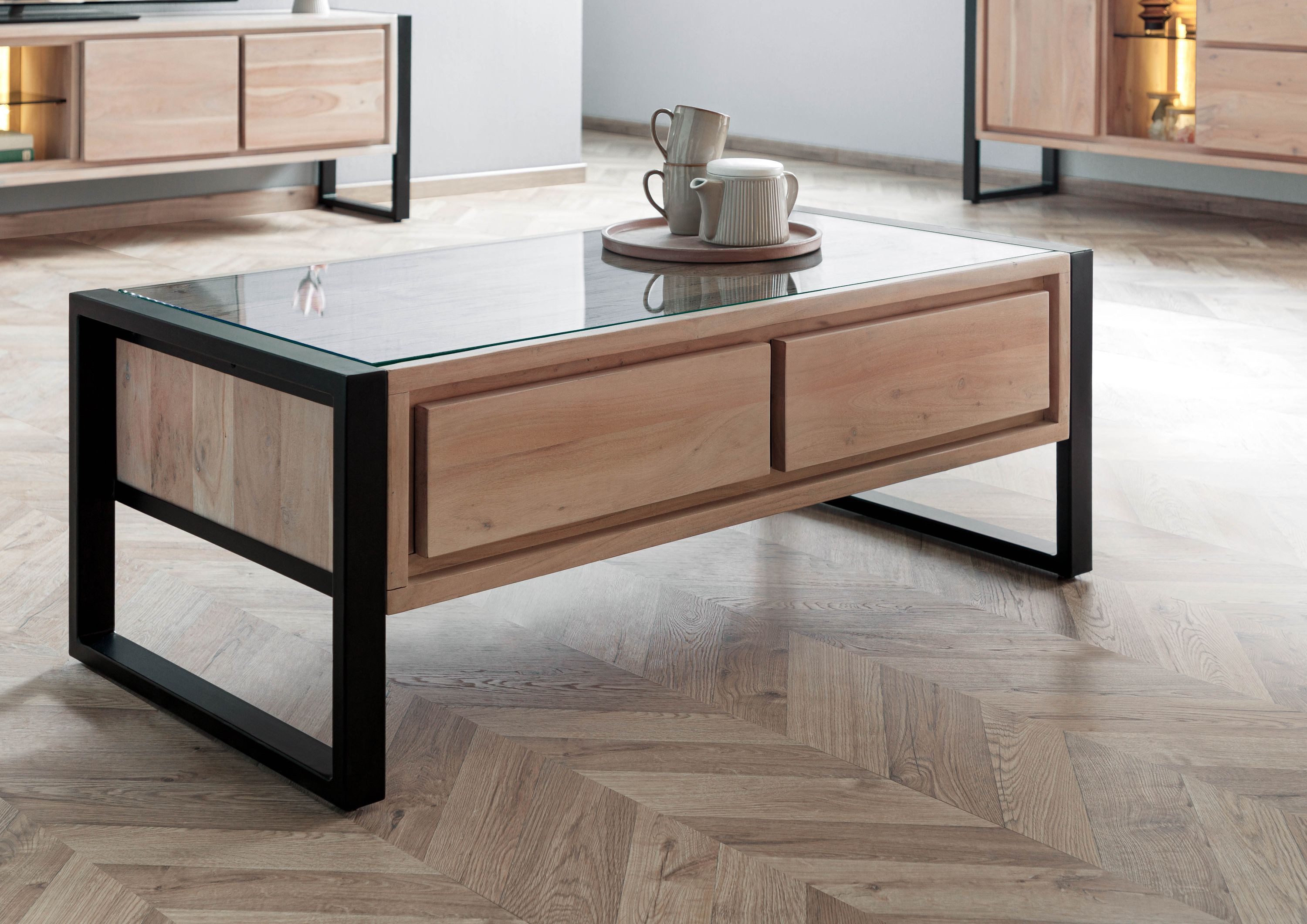 Massivmoebel24 Couchtisch DENVER (Akazie / Altholz 120x60x45 natur lackiert DENVER #120)