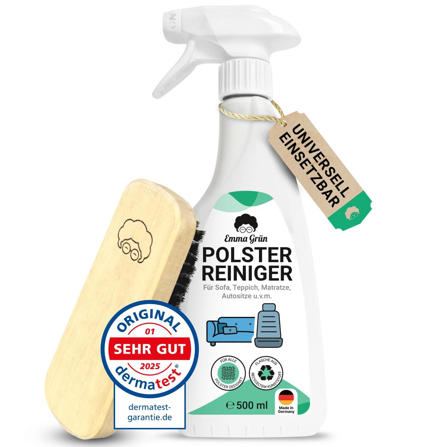 Emma Grün Sofa Reiniger 500 ml mit Polsterbürste Polsterreiniger (für Sofas & Autositze, stark gegen Gerüche & Flecken, aus Deutschland)