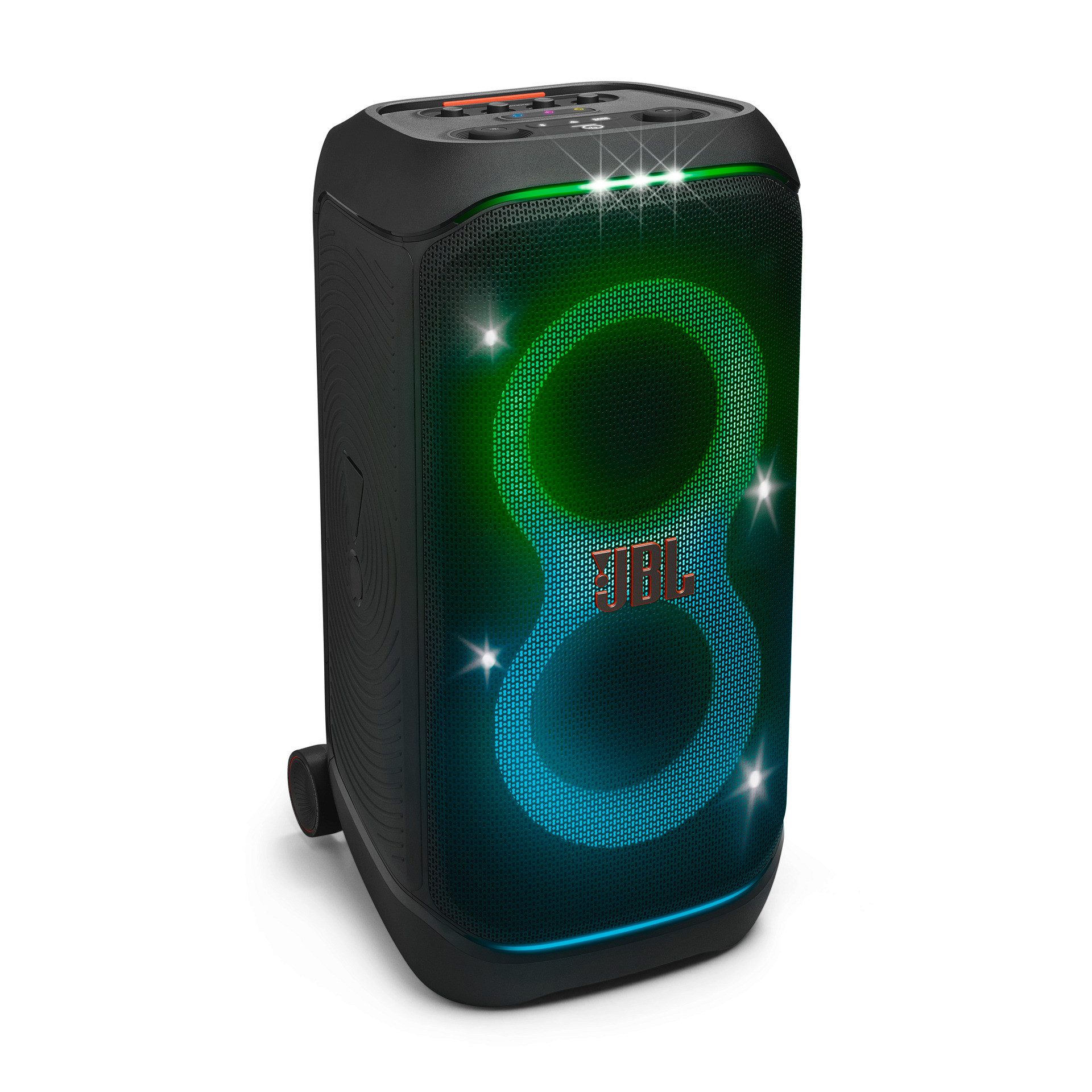 JBL PartyBox Stage 320 Party-Lautsprecher Stereo (Bluetooth, 240 W, 18h Akkulaufzeit, dynamische Lichtshow, Teleskopgriff, Auracast)