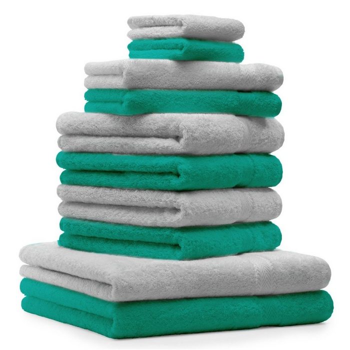 Betz Handtuch Set 10-TLG. Handtuch-Set Premium 100% Baumwolle 2 Duschtücher 4 Handtücher 2 Gästetücher 2 Waschhandschuhe Farbe Smaragd Grün & Silber Grau 100% Baumwolle