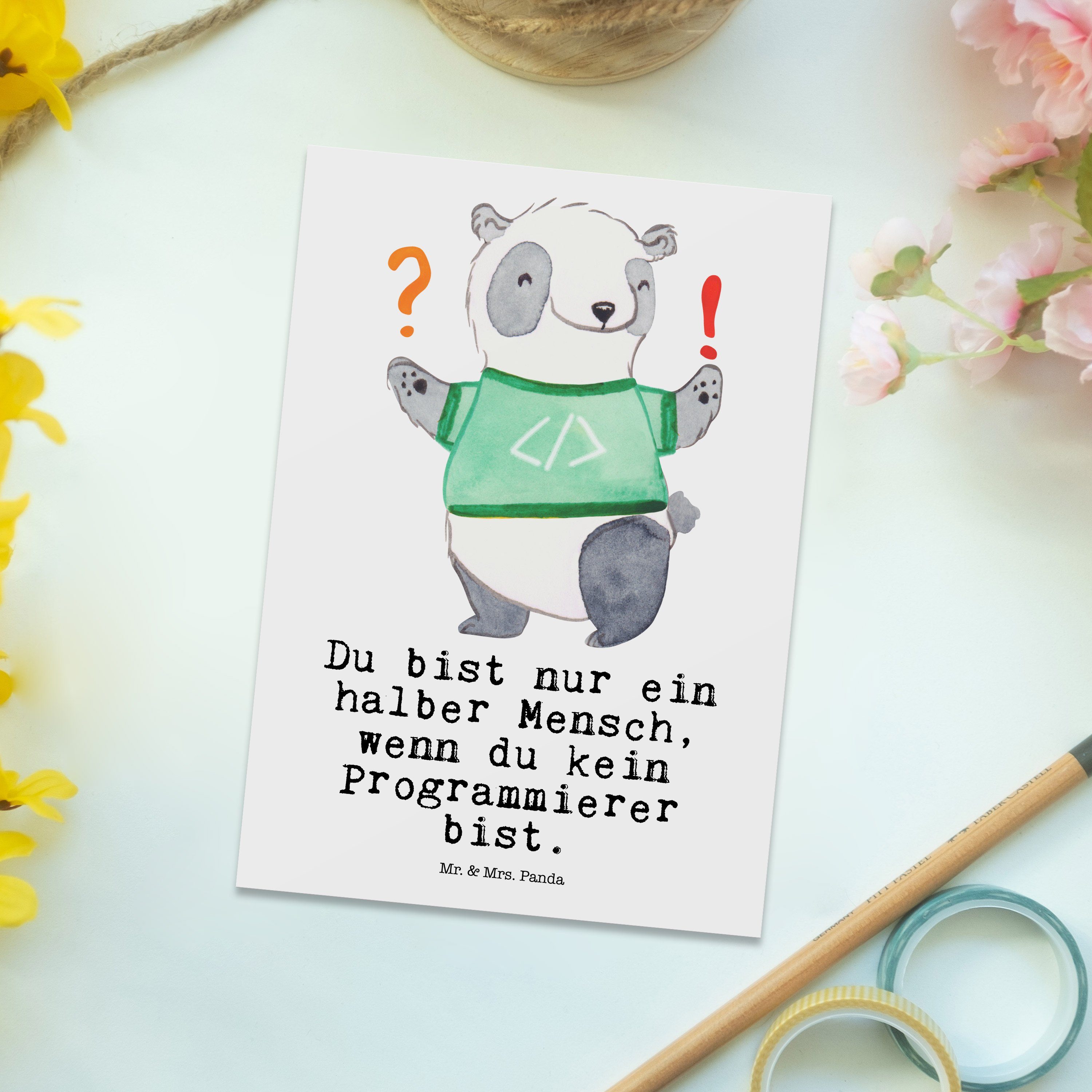 - Weiß & mit Geschenk, Postkarte - Einladung Herz Mr. Computerfachmann, Programmierer Panda Mrs.