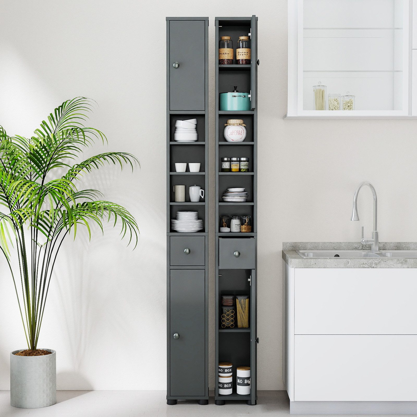 COSTWAY Hochschrank Badschrank schmal, verstellbaren Regal 180cm Weiß