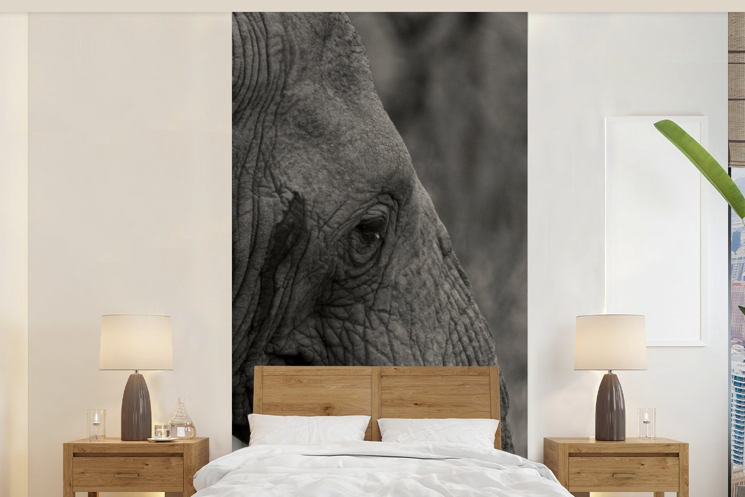 (2 Küche, - Tiere Fototapete MuchoWow Weiß, St), Schlafzimmer Elefant Wohnzimmer Fototapete bedruckt, Schwarz - Vliestapete - für Matt,