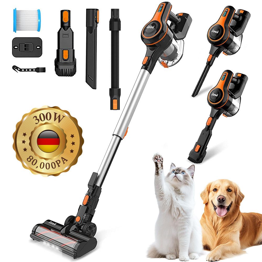 INSE Akku-Hand-und Stielstaubsauger Akku Staubsauger 80000Pa/300W/50Min, 1.8 L Staubsauger Kabellos, mit Beutel, 50dB leise/5-Stufen-Filter/LED Display, Ideal für Böden/Teppiche/Auto