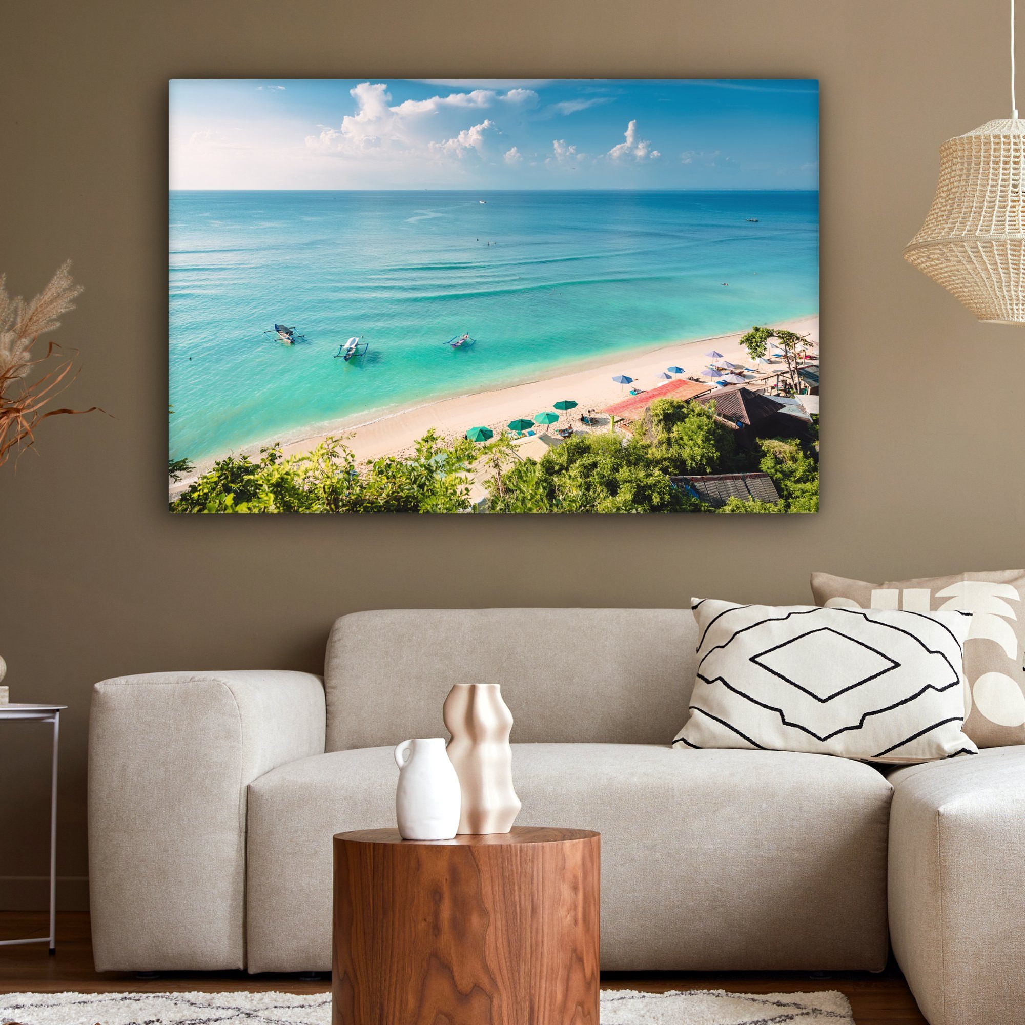 Gemälde, XXL, Wohnbereiche, cm - 120x80 OneMillionCanvasses® alle Bali, Strand großes, Boot Meer (1 - Leinwandbild für St), Wandbild -