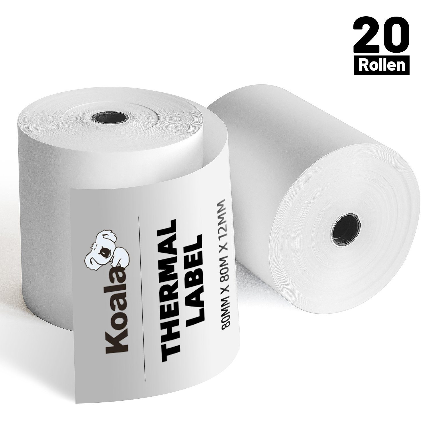 Koala Etikettenpapier 20 Rollen 80x 80mm Thermopapier Bonrolle für Kassen, Drucker | Papier