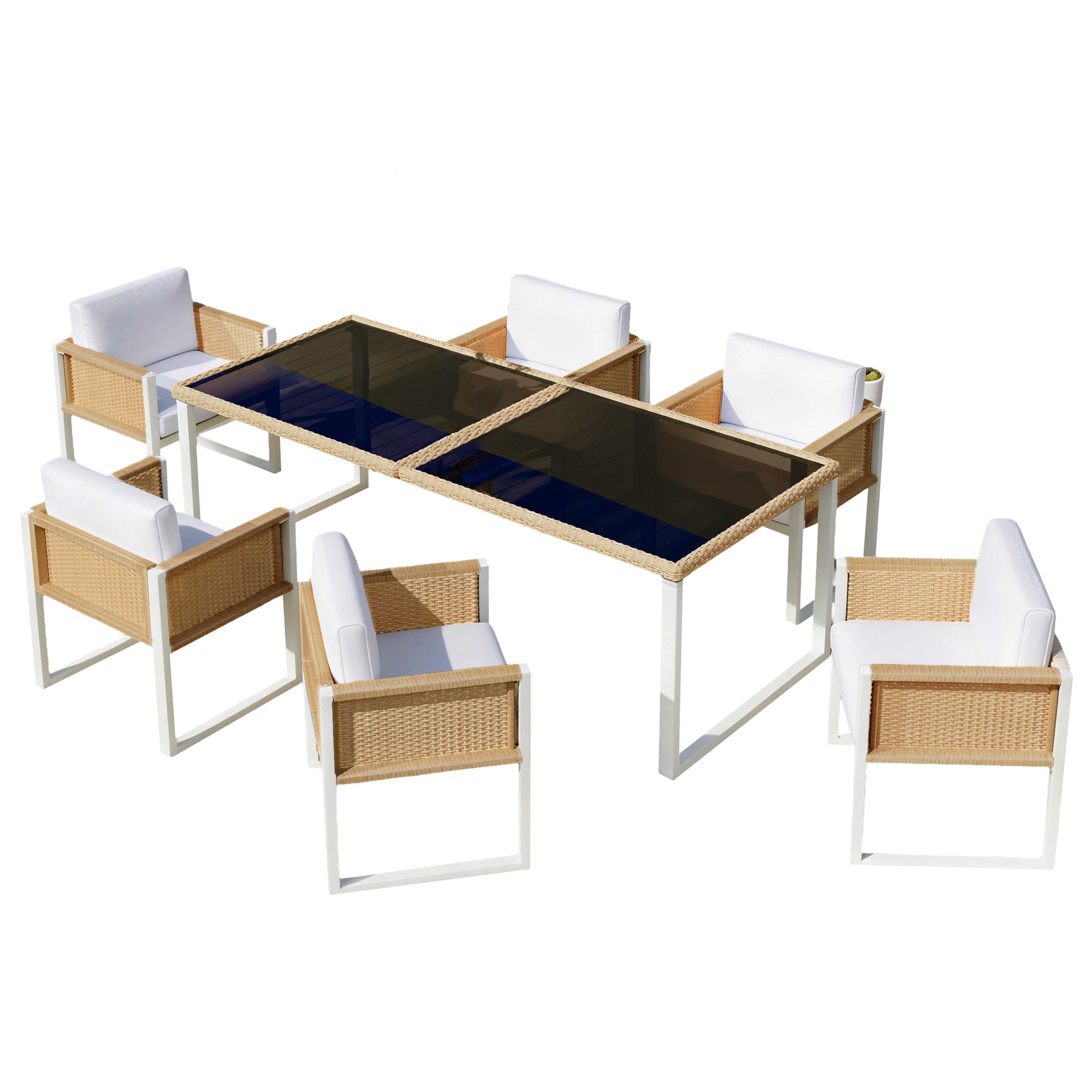 BlingBin Gartenlounge-Set Polyrattan Garten Essgruppe 7-tlg. (6 Stühle + Tisch 170x80), (1-tlg., wetterfestes Rattanmöbel-Set mit 8,5 cm Sitzkissen, Glasplatte), abziehbaren waschbaren Bezügen & verstellbaren Füßen