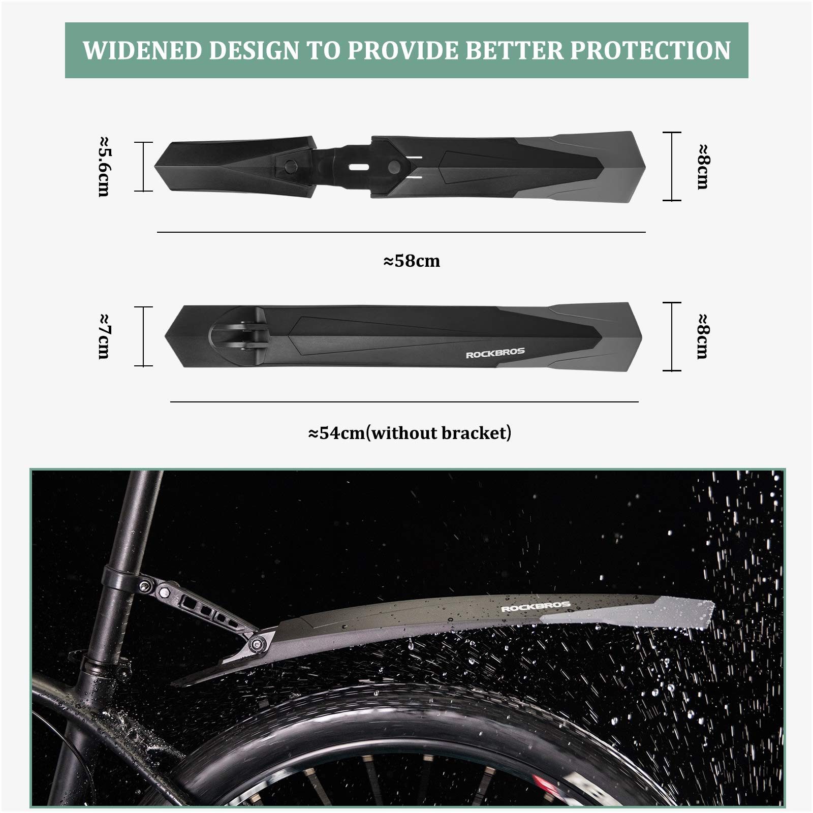 ROCKBROS Schutzblech Fahrrad Schutzblech Set 26 27,5 28 Zoll (2 St), Spritzschutz Hinten und Vorne aus PP + Gummi Mountainbikes