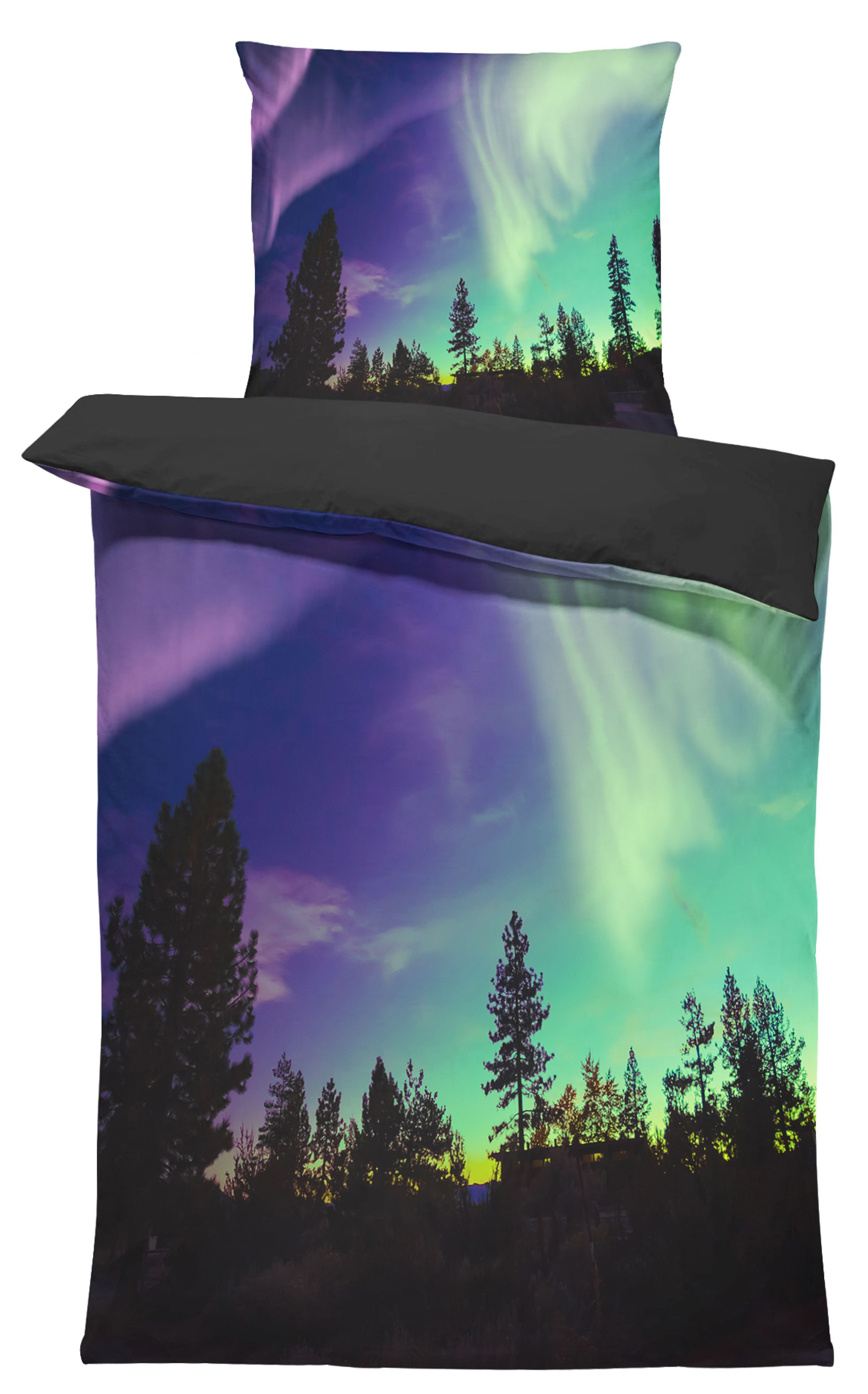 One Home Bettwäsche Fotodruck, Mikrofaser, 2 teilig, Polarlichter Nordlichter, Knitterfrei Weich für Sommer und Winter